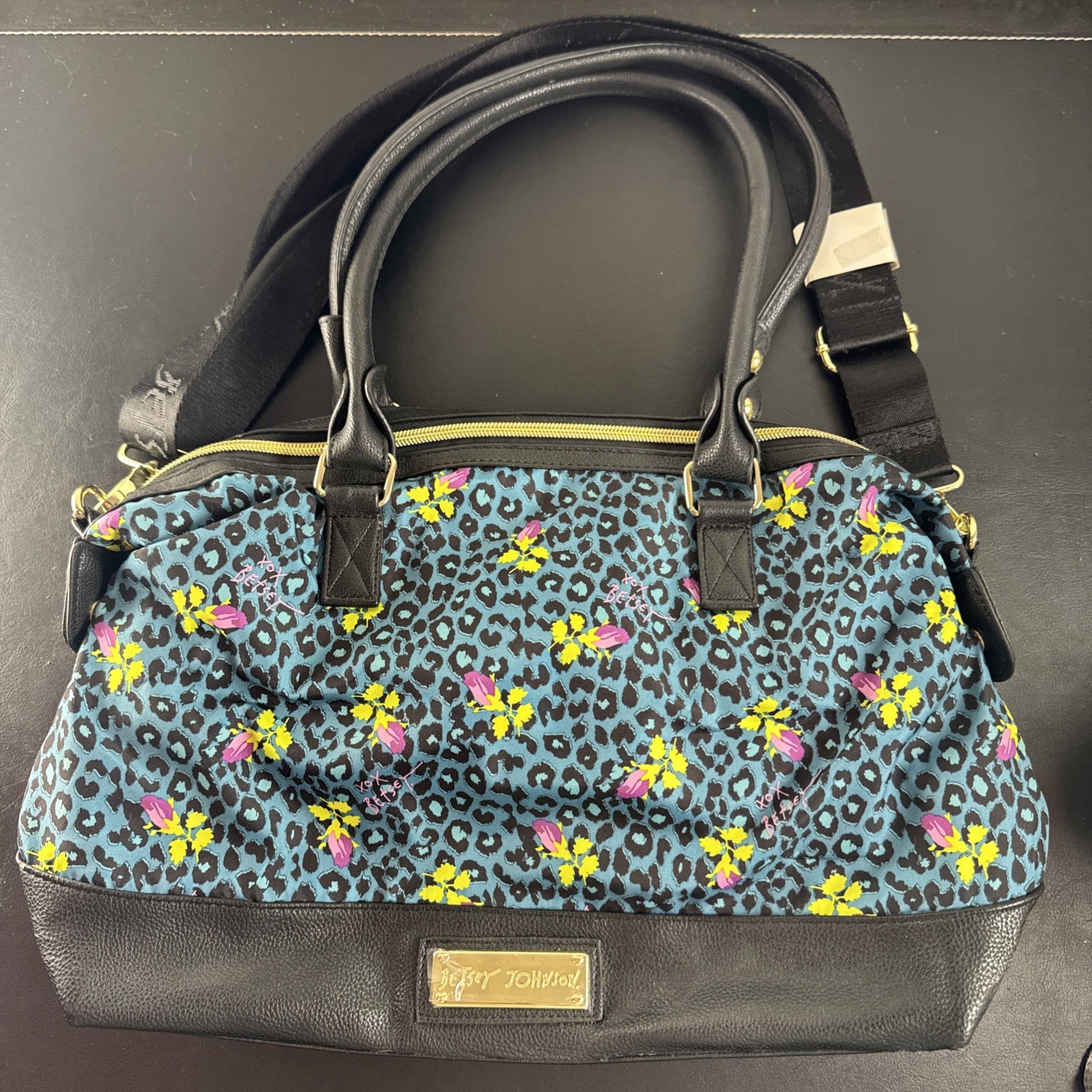 Betsey Johnson Teal Leopard Floral Double Pocket Satchel Crossbody Bag NWOT Flaw