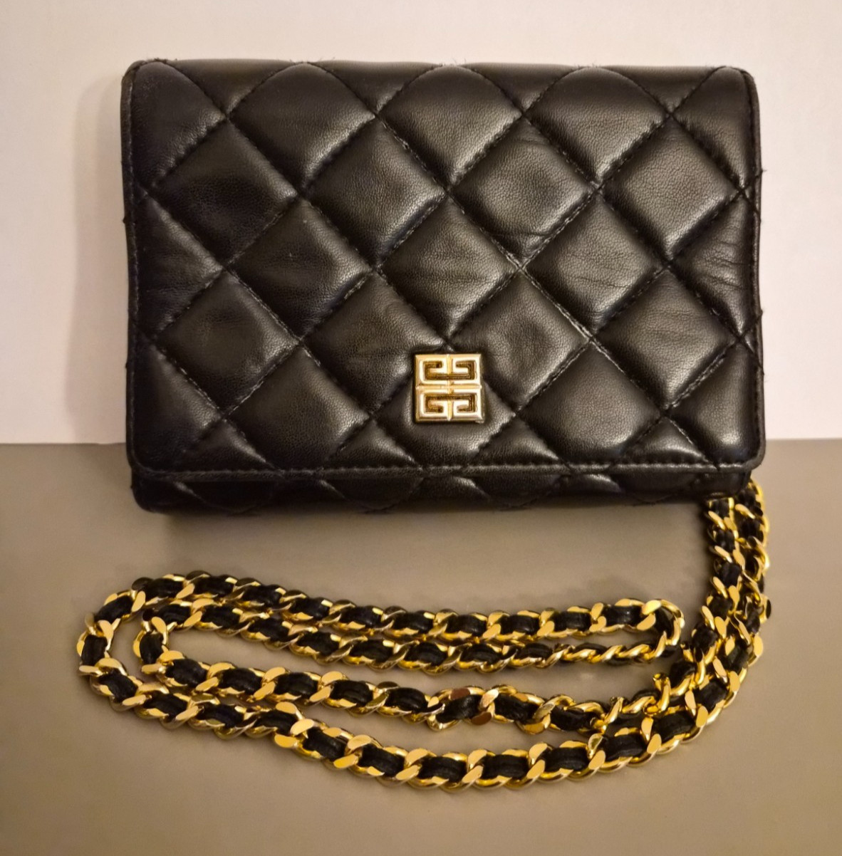 Vintage GIVENCHY Quilted Leather Chain Bag Mini Flap Black Gold 4G Logo Auth WOC