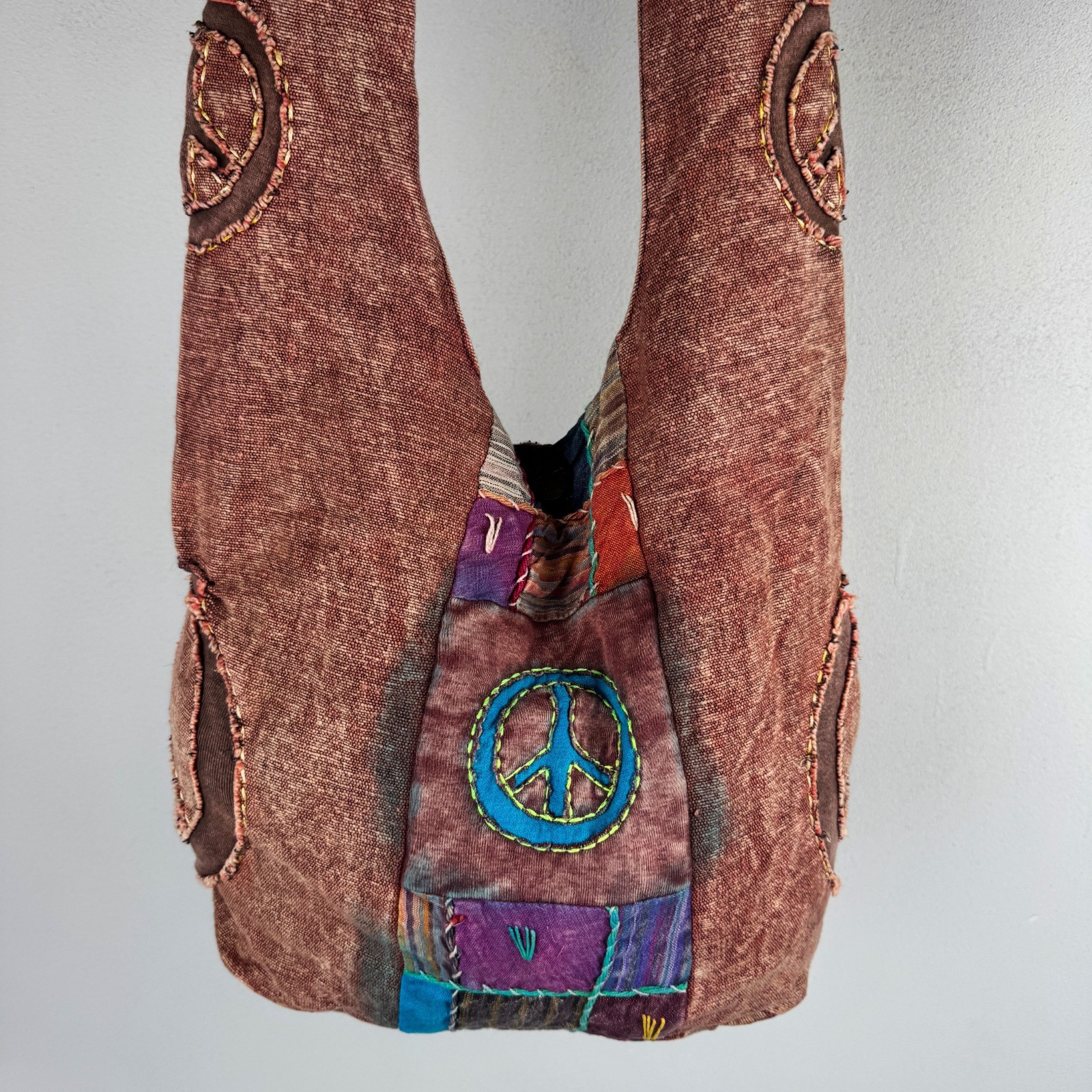 Vintage Hippie Peace Sign Patchwork Shoulder Bag Boho Festival Grunge Y2K