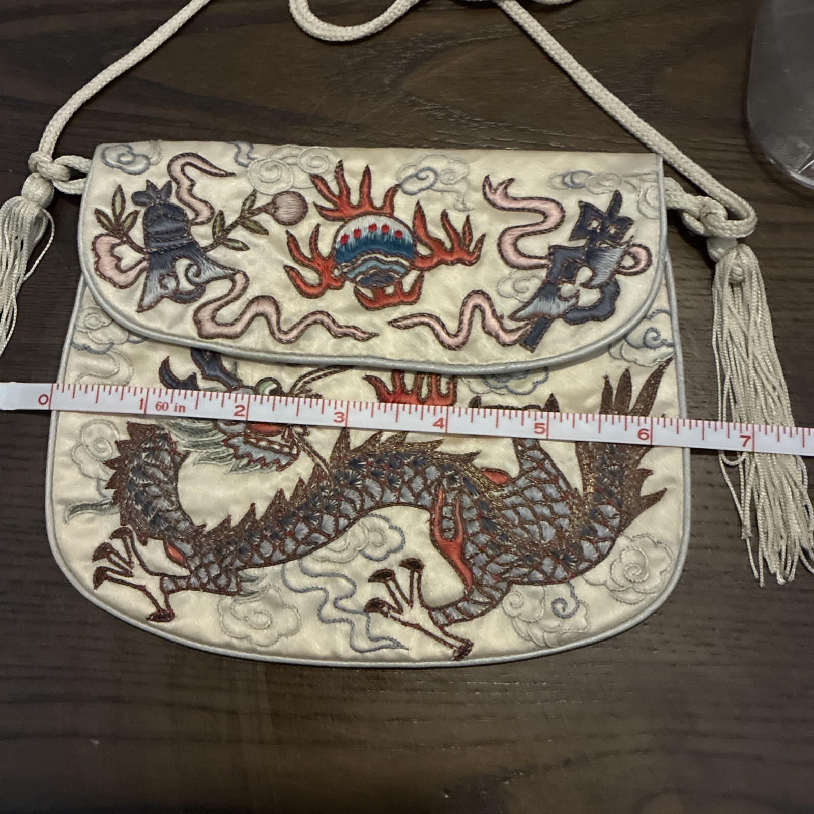 Vintage Chinese Asian Style White Silk Dragon Embroidered Mini Crossbody Purse