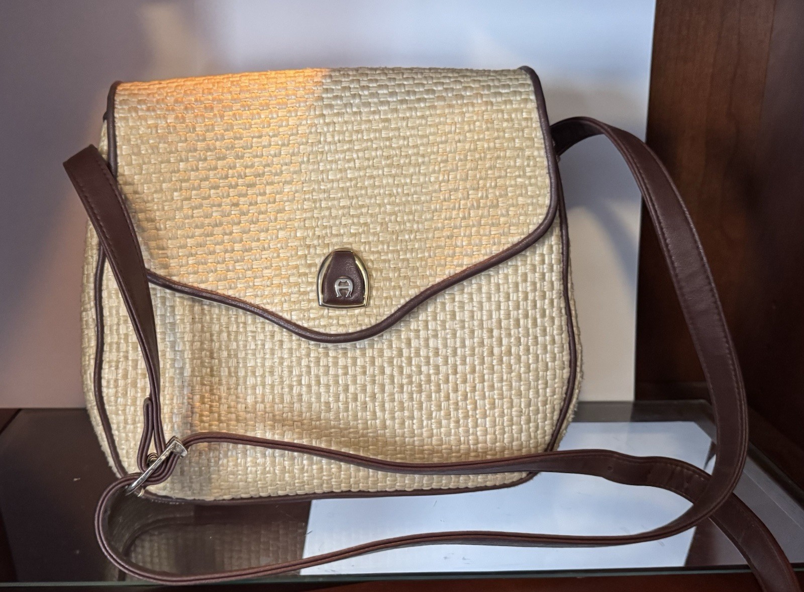 Etienne Aigner Woven Straw Shoulder Bag Brown Trim Classic Logo Gold Hardware