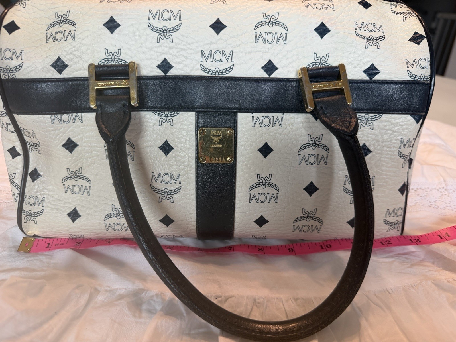 MCM White Blue Visetos Monogram Barrel Satchel Zip Top Handle Lock Gold