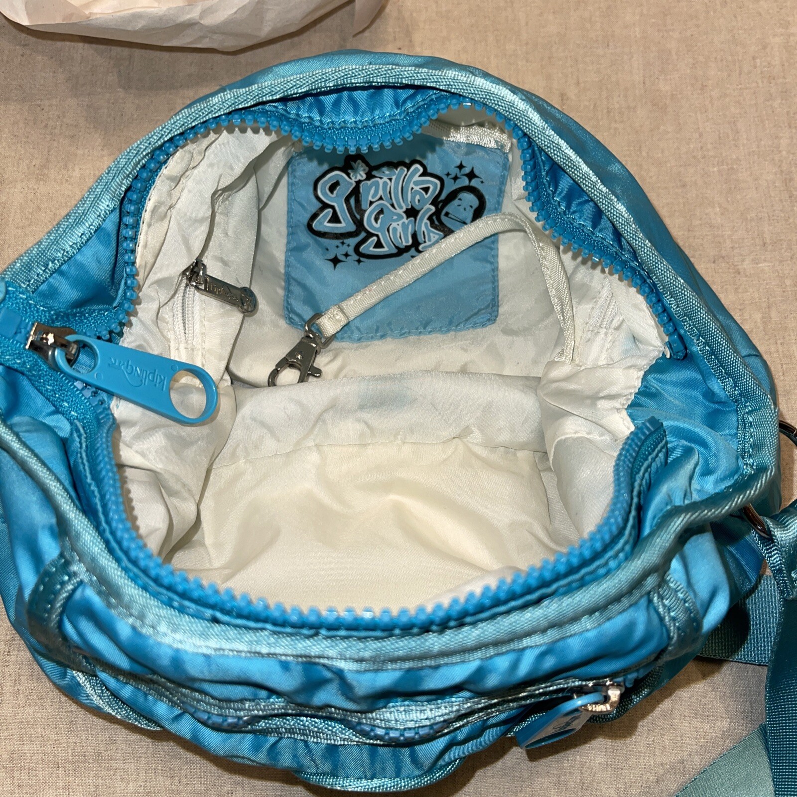 Kipling Nylon Crossbody Bag Purse w/ Monkey Keychain Charm Aqua Blue Medium Size