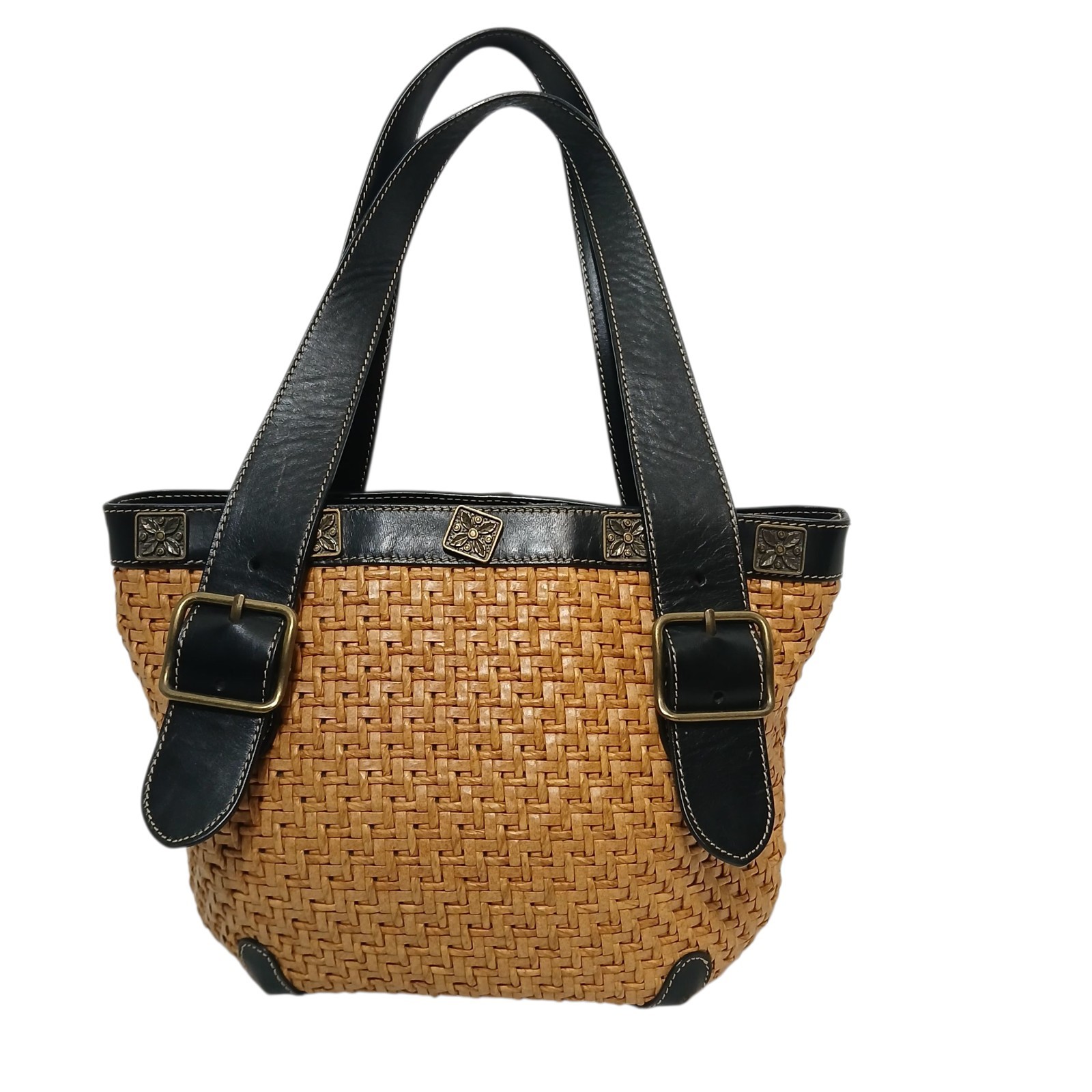 Maxx New York Handbag Women Black Leather Tan Weave Satchel Purse Shoulder Bag