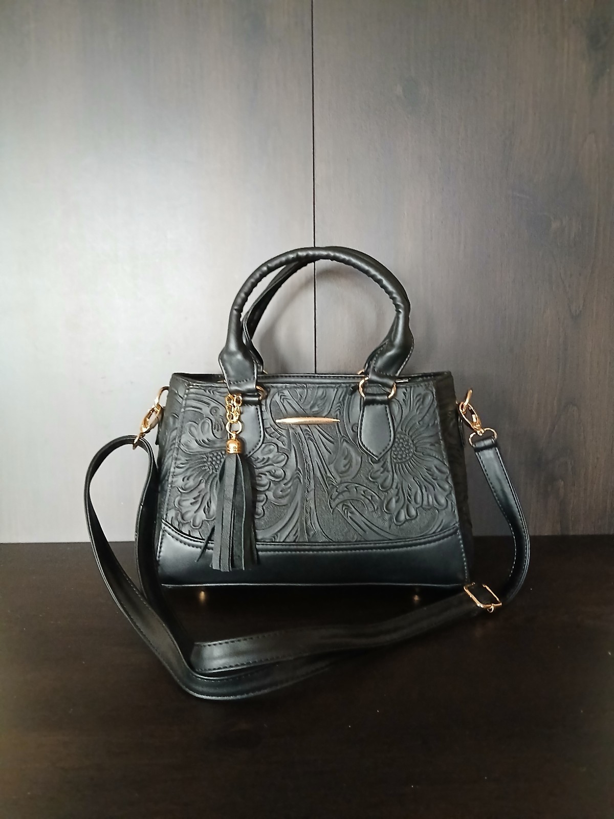 Black Tasseled Floral Embossed Tooled Artisan LEATHER Crossbody bag Purse