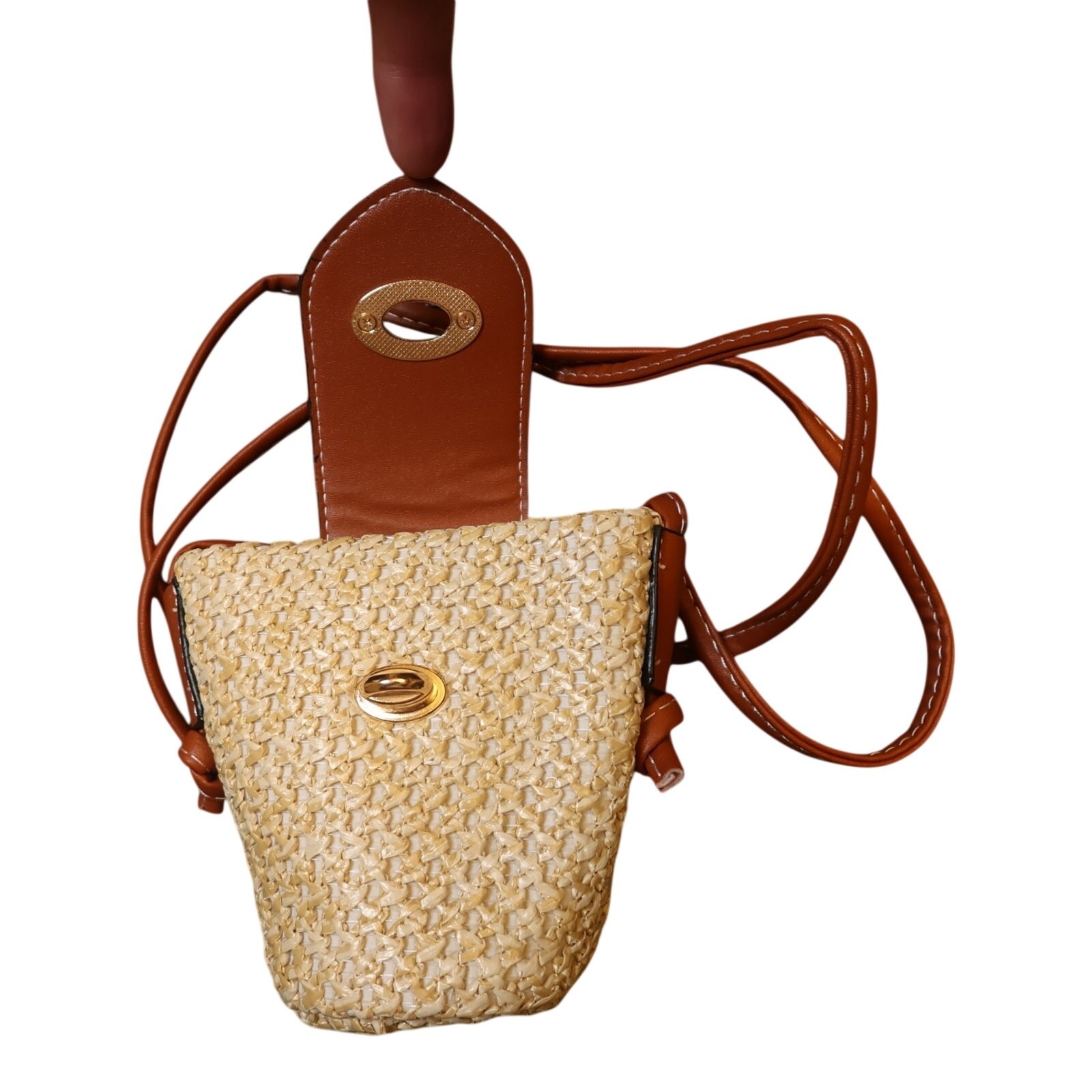 Raffia Woven Mini Crossbody Bag Turn Lock Brown Trim Straw Purse