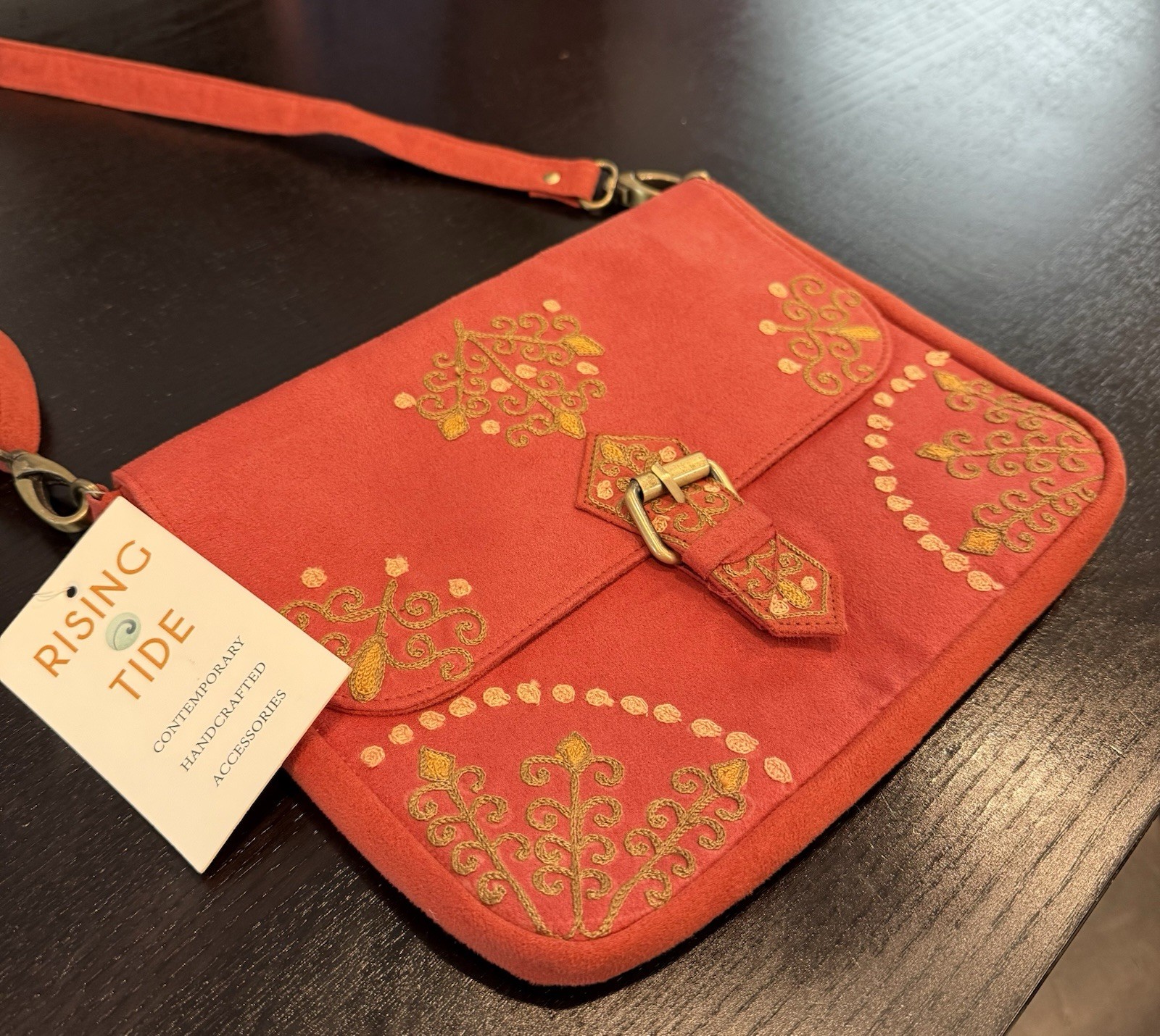 Rising Tide Orange Small Floral Embroidered Crossbody Bag Buckle, Lined