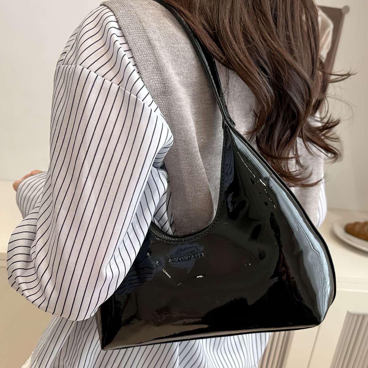 Women Shoulder Bag Solid Handbag Patent Leather Underarm Tote Purse Fashion