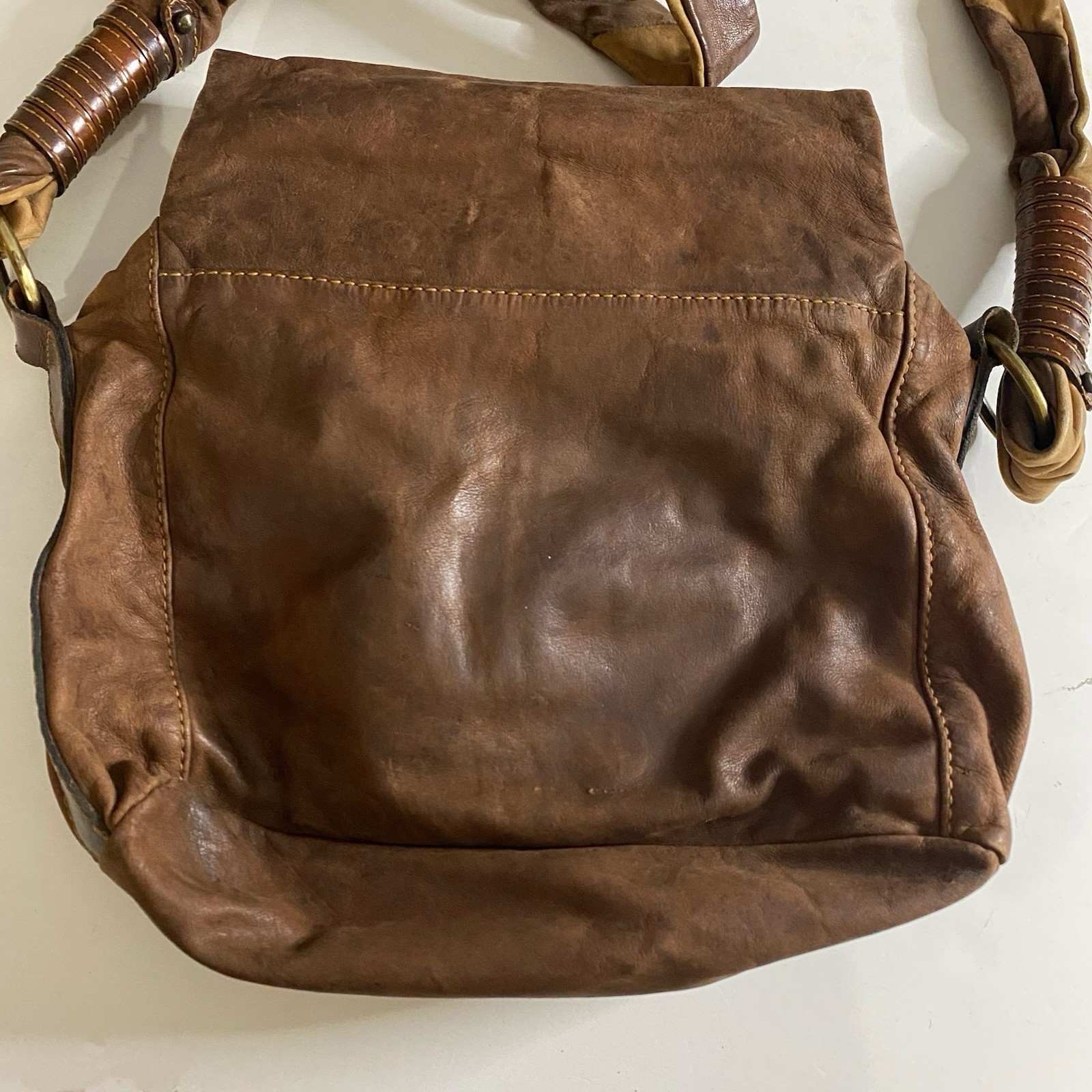 Vintage 80’s KADILO Distressed Leather Brown Patchwork Shoulder Bag Boho Style