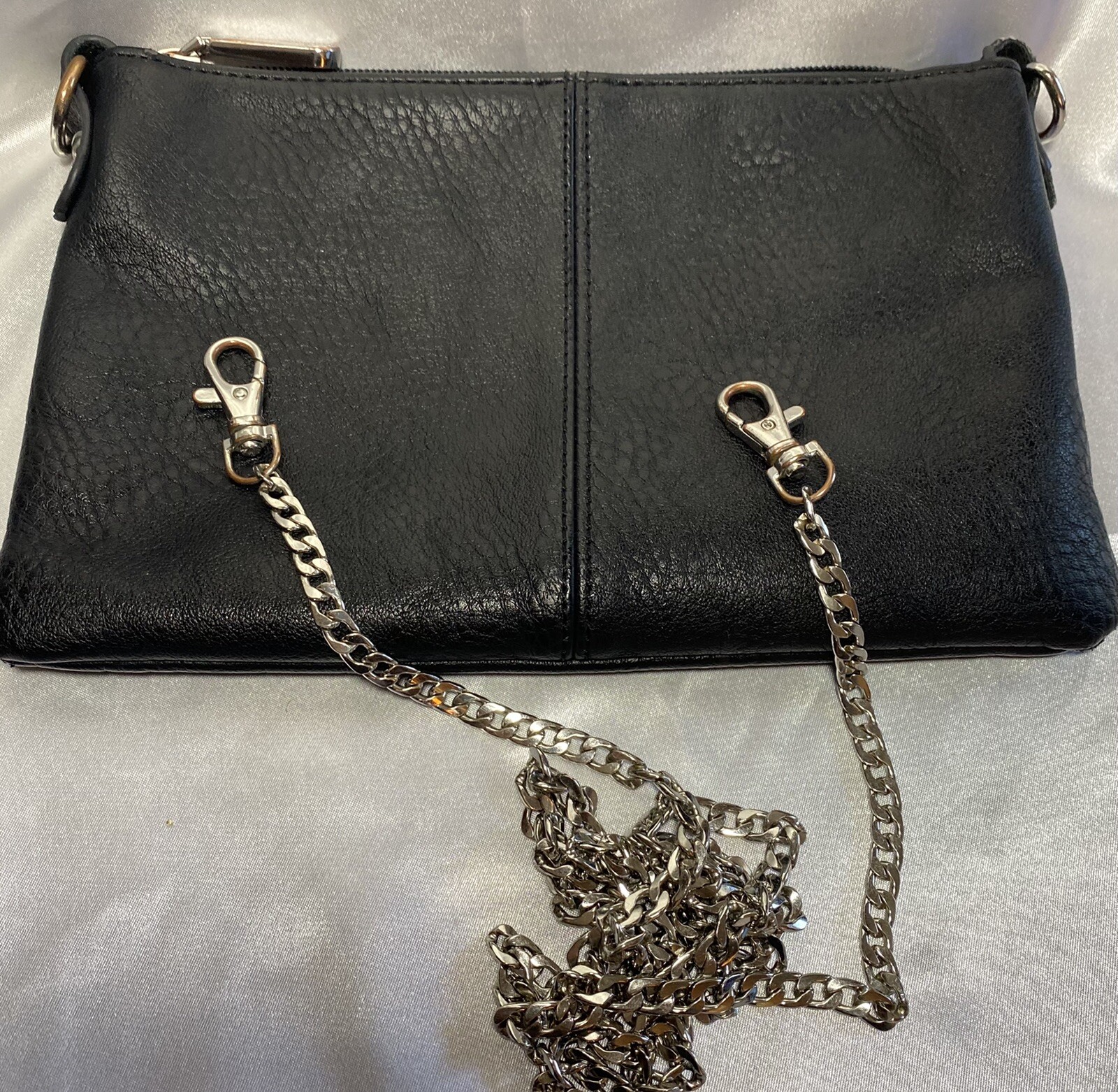 C Black Leather Shoulder Handbag 9 1/2″ By 6″ W/ 23″ Drop Removable Chain Strap