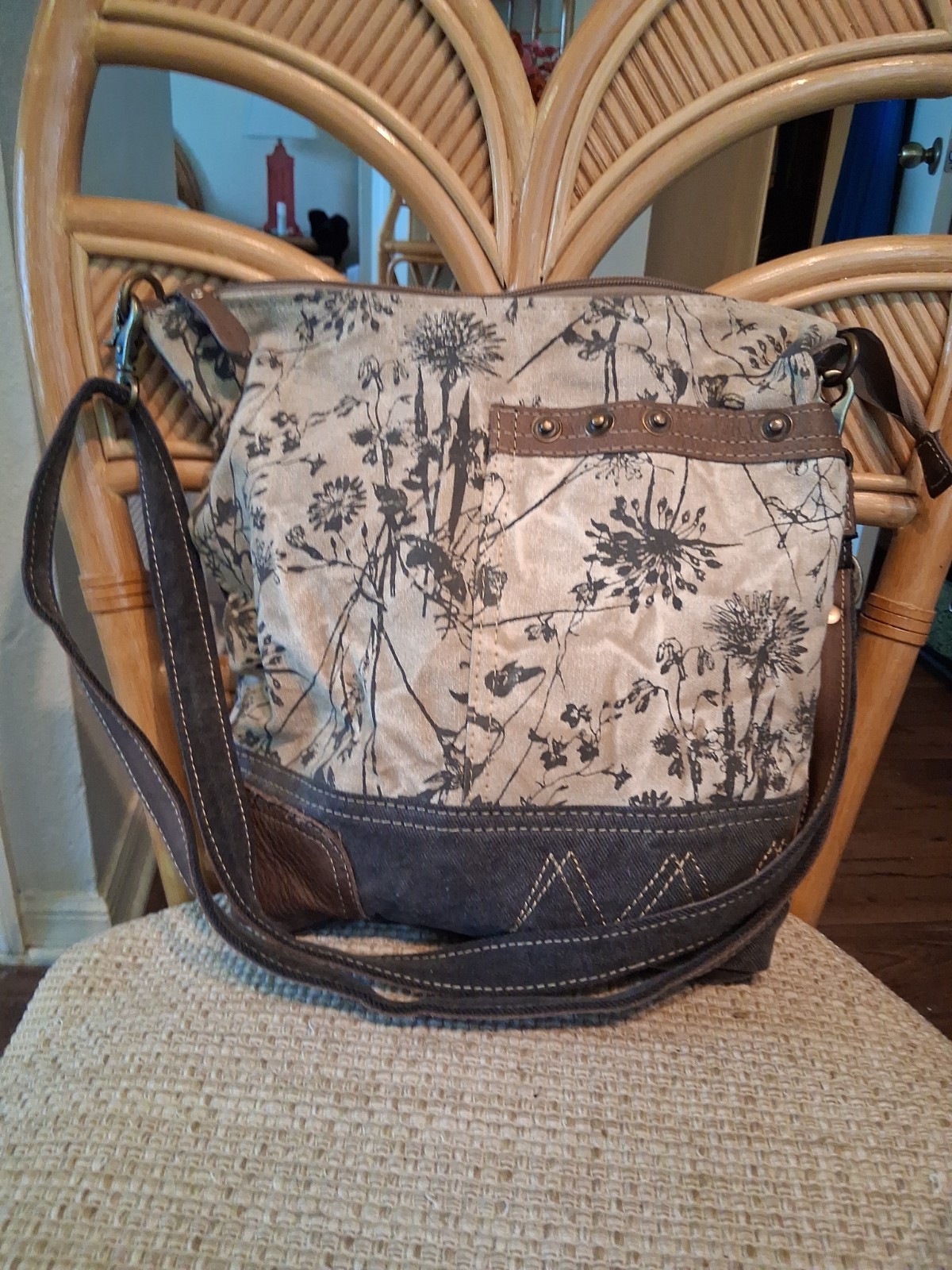 Myra Bag Upcycled Canvas & Denim Boho Western Floral Crossbody Shoulder Bag