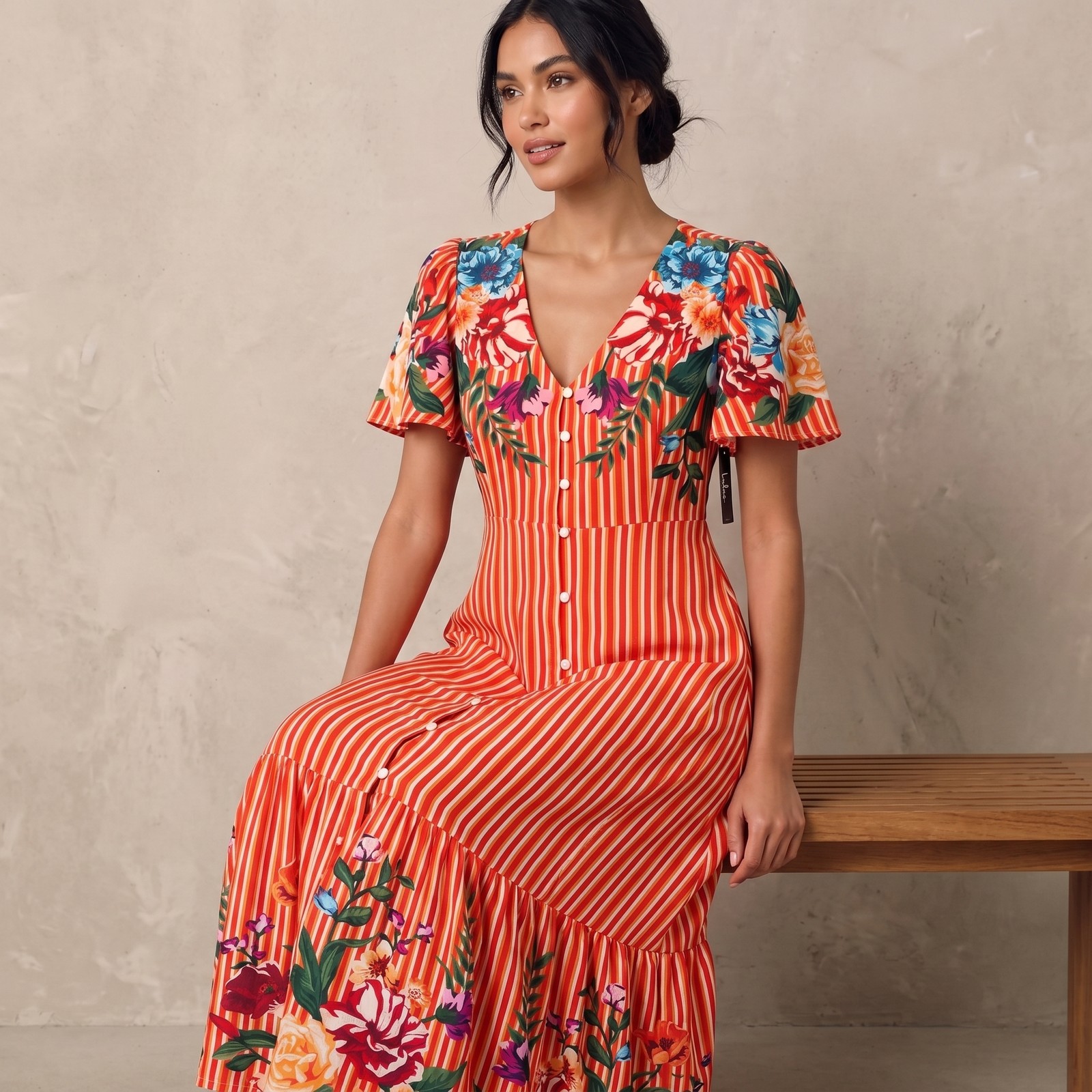 Lulus Women’s Floral Stripe Maxi Dress Boho Button Front V-Neck Summer Orange S