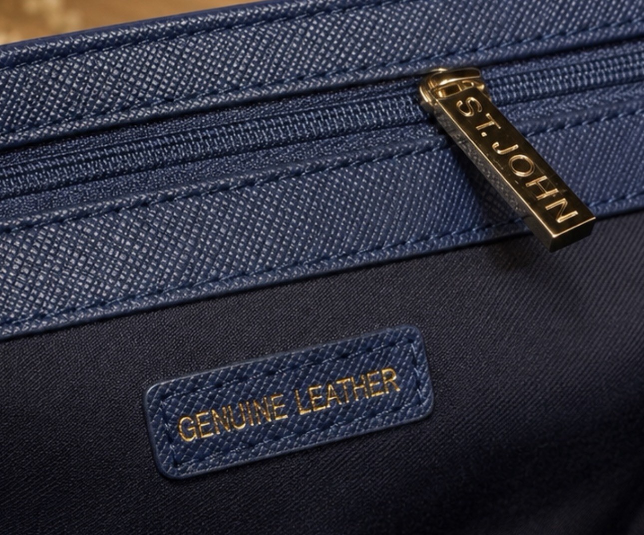 St. John XL Blue Saffiano Leather Work Tote Shopper Bag Gold Logo