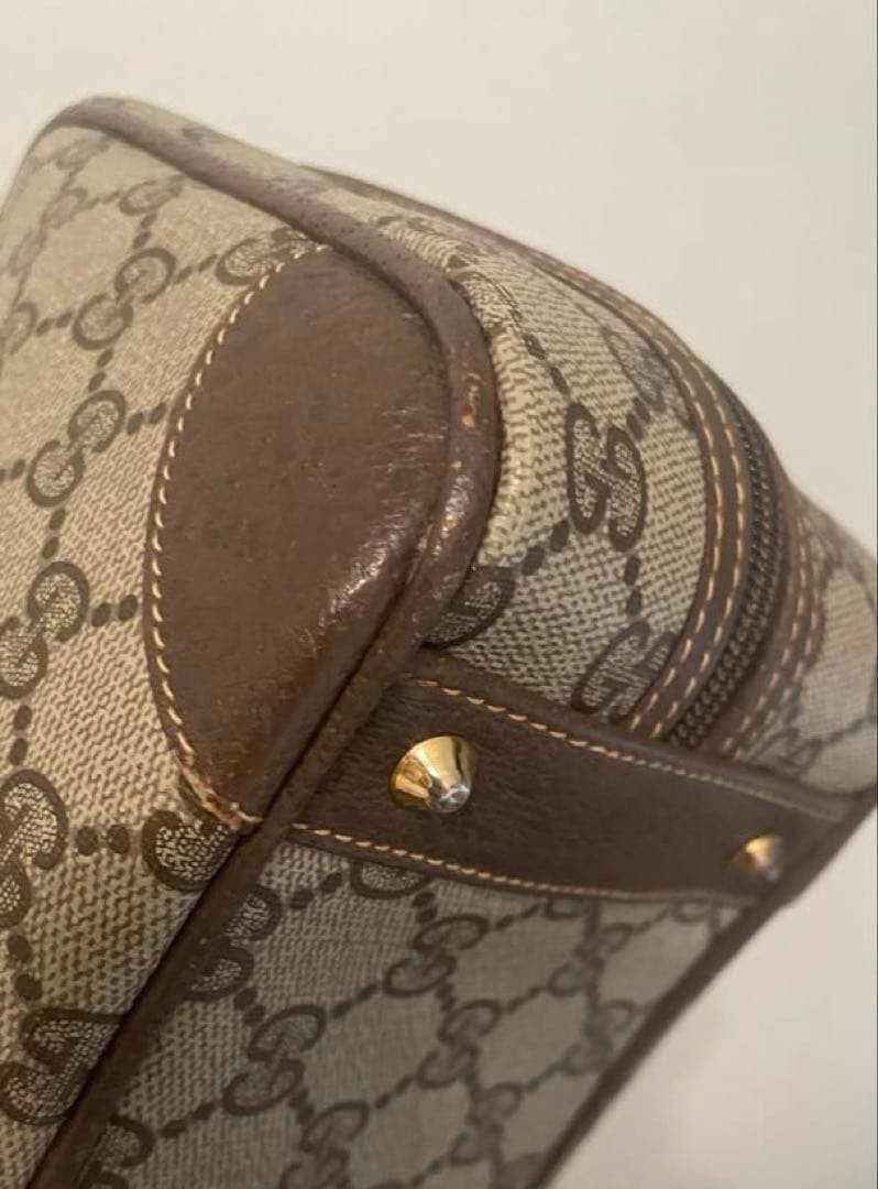 GUCCI GG Shoulder Bag Ziplock Leather PVC Brown Beige Gold Hardware From Japan