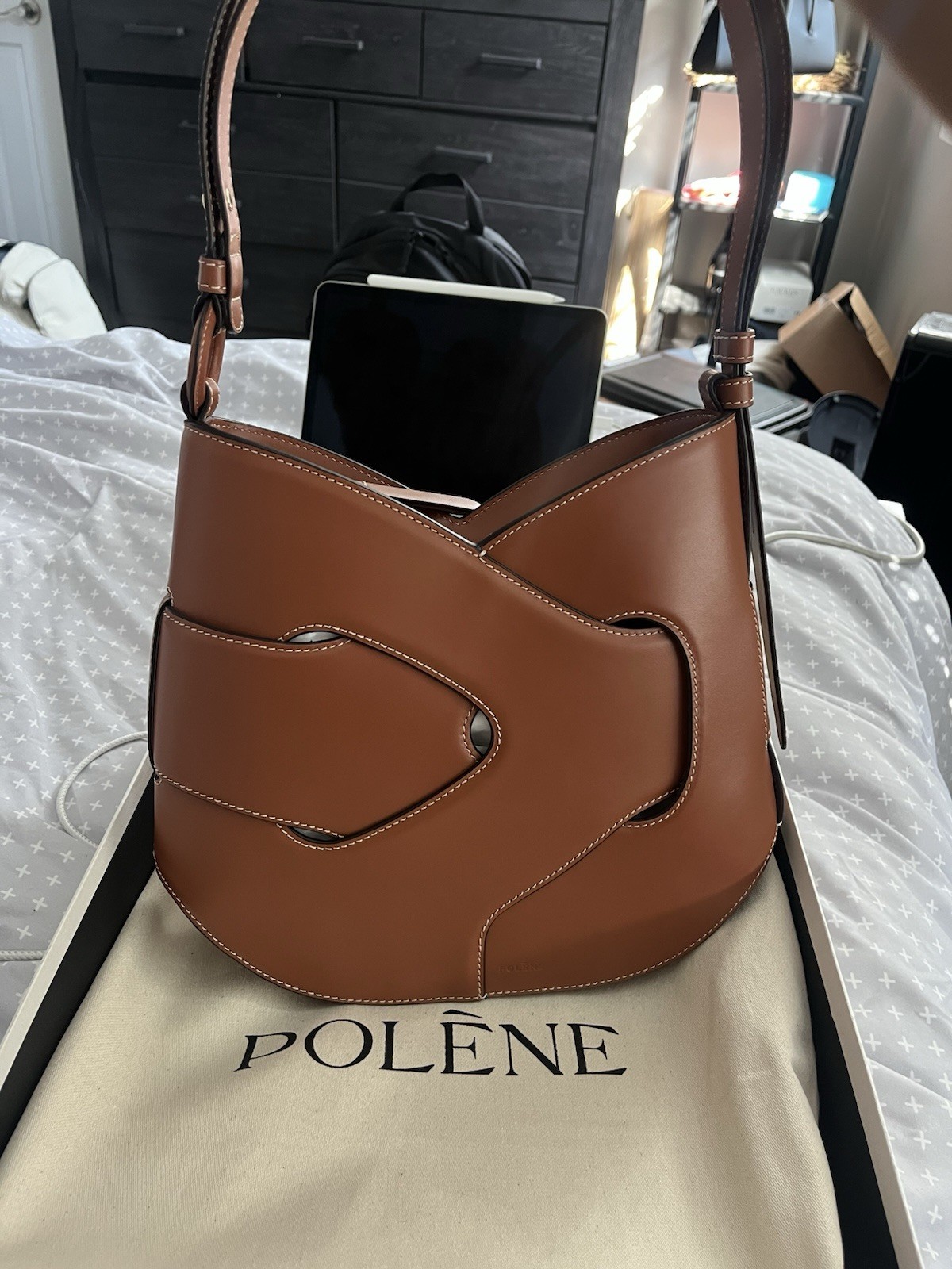 Polene Nodde Hobo Shoulder Bag Leather Cognac