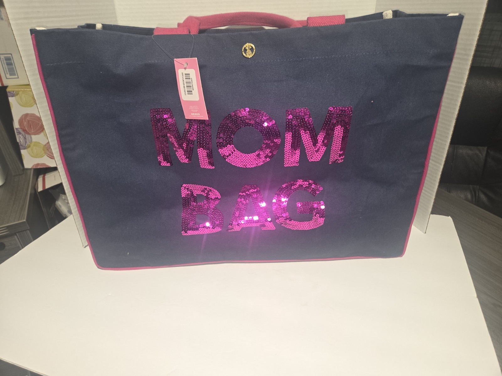 Simply Southern MOM BAG Navy Pink Sequin Tote Button Closure Inner Pockets