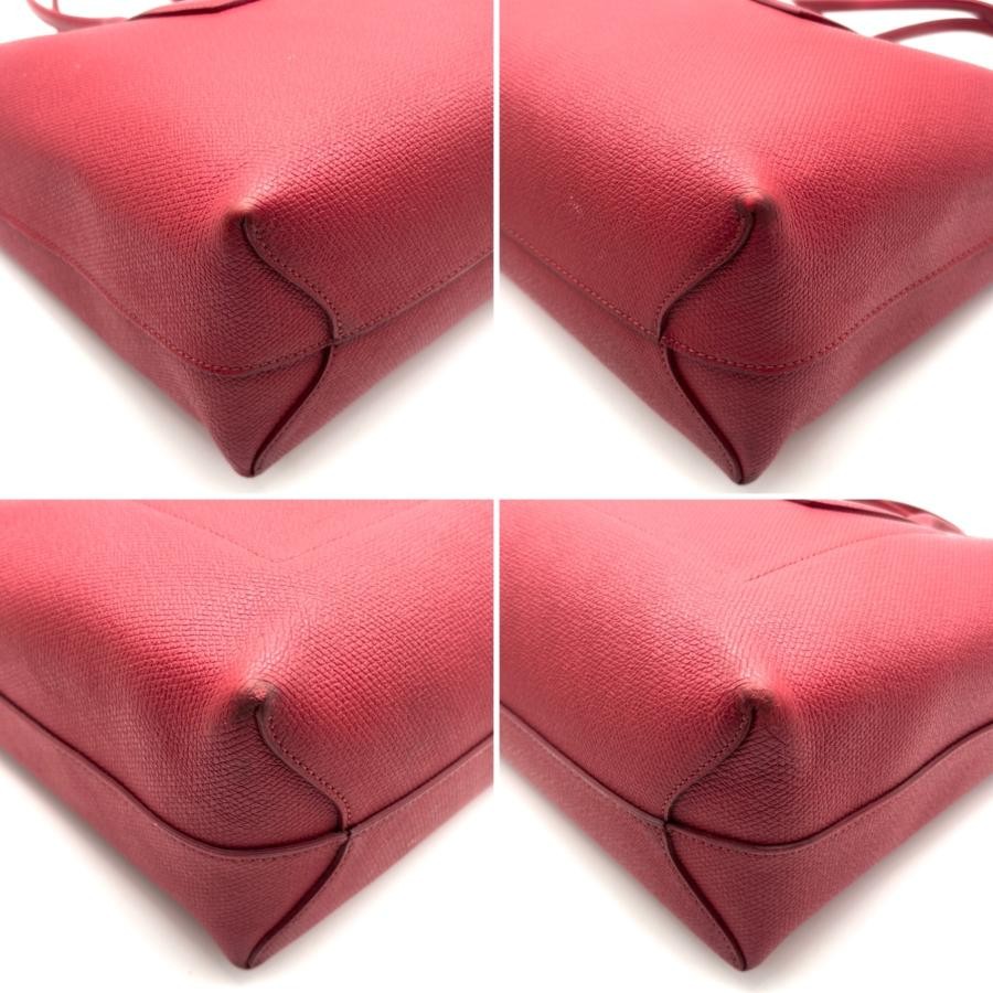 Longchamp Roseau Red Leather Tote Bag A4 Self Standing Silver Toggle Auth