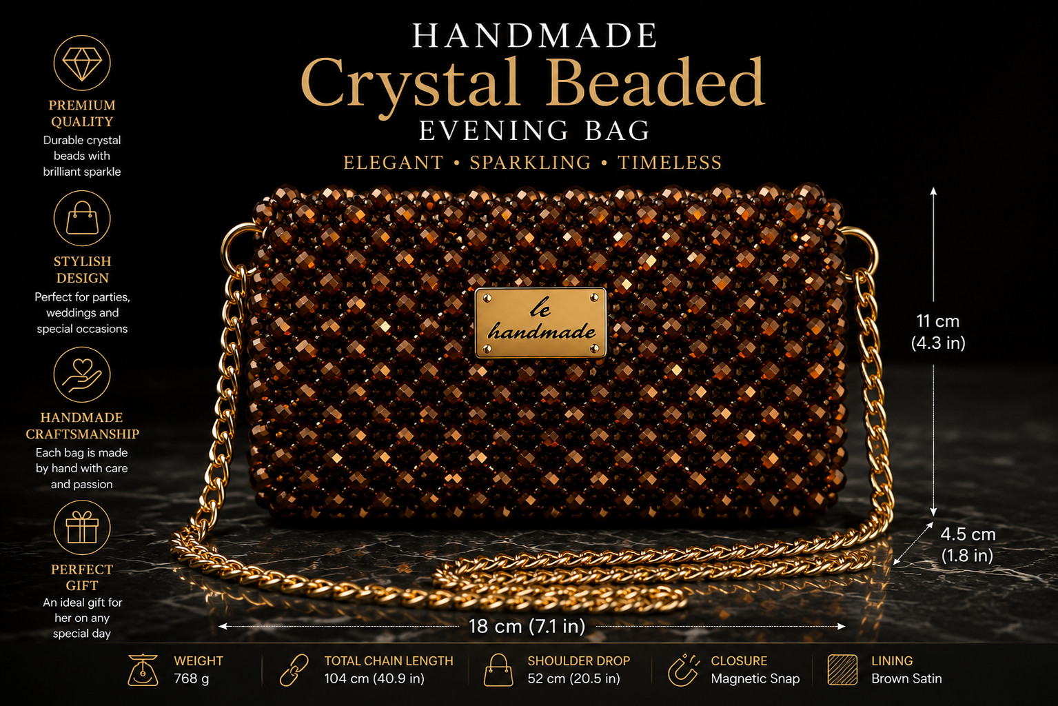 Handmade Brown Crystal Beaded Evening Bag Gold Chain Clutch Crossbody Purse