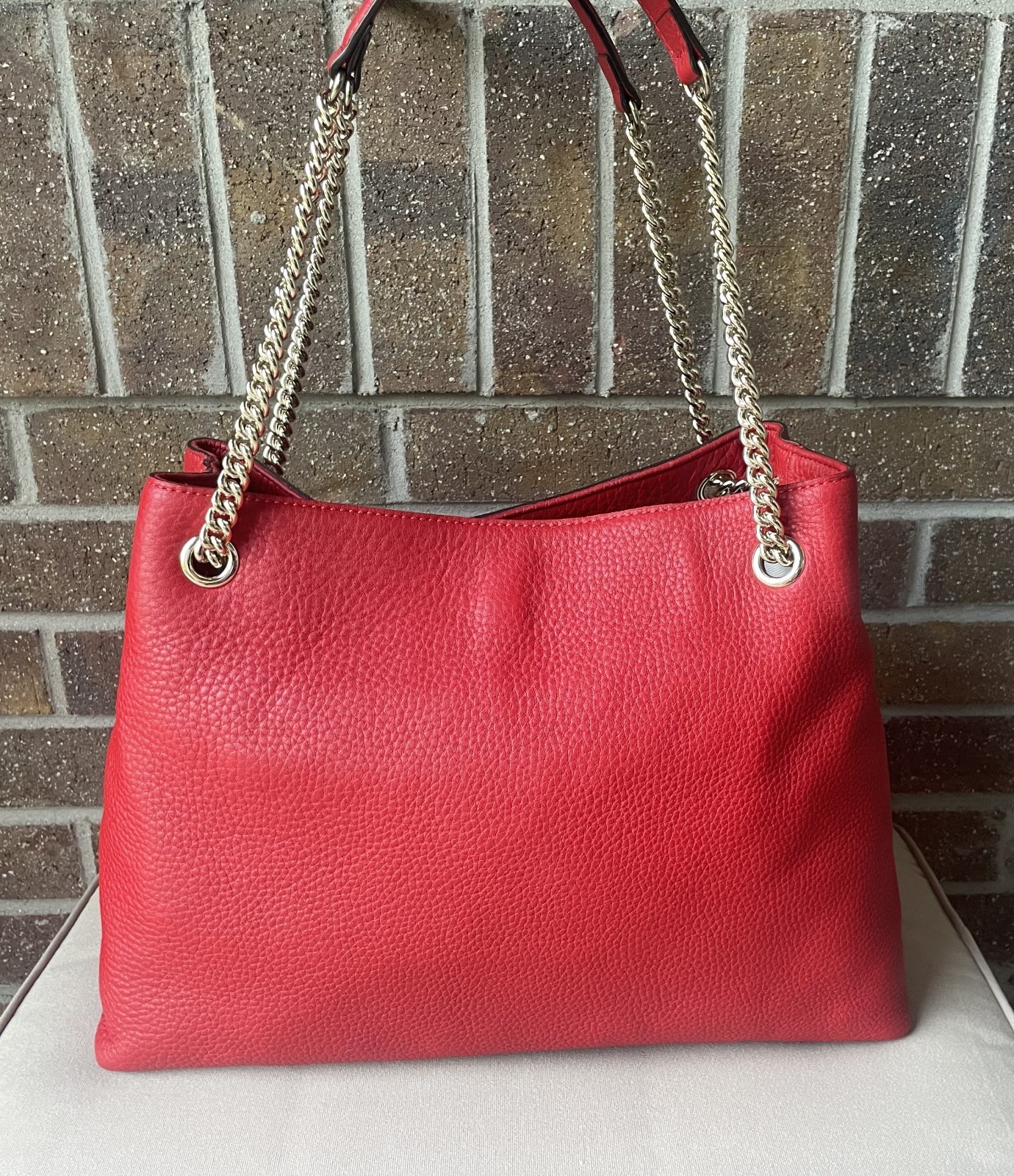 Red Pebbled Calfskin Leather Chain Strap Tote / Shoulder Bag