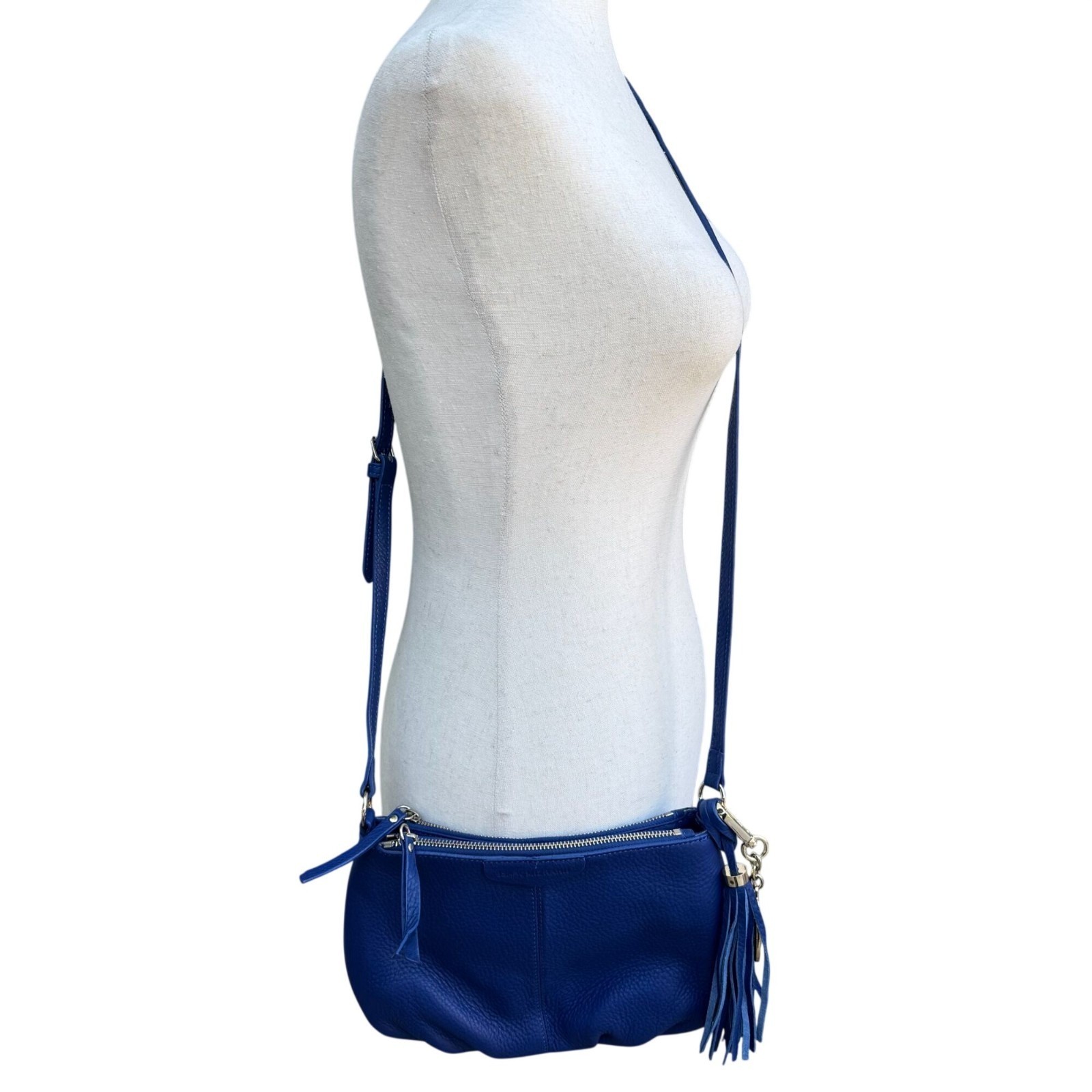 Isaac Mizrahi Cobalt Blue Pebbled Leather Crossbody Tassel Bag Luxury Minimalist