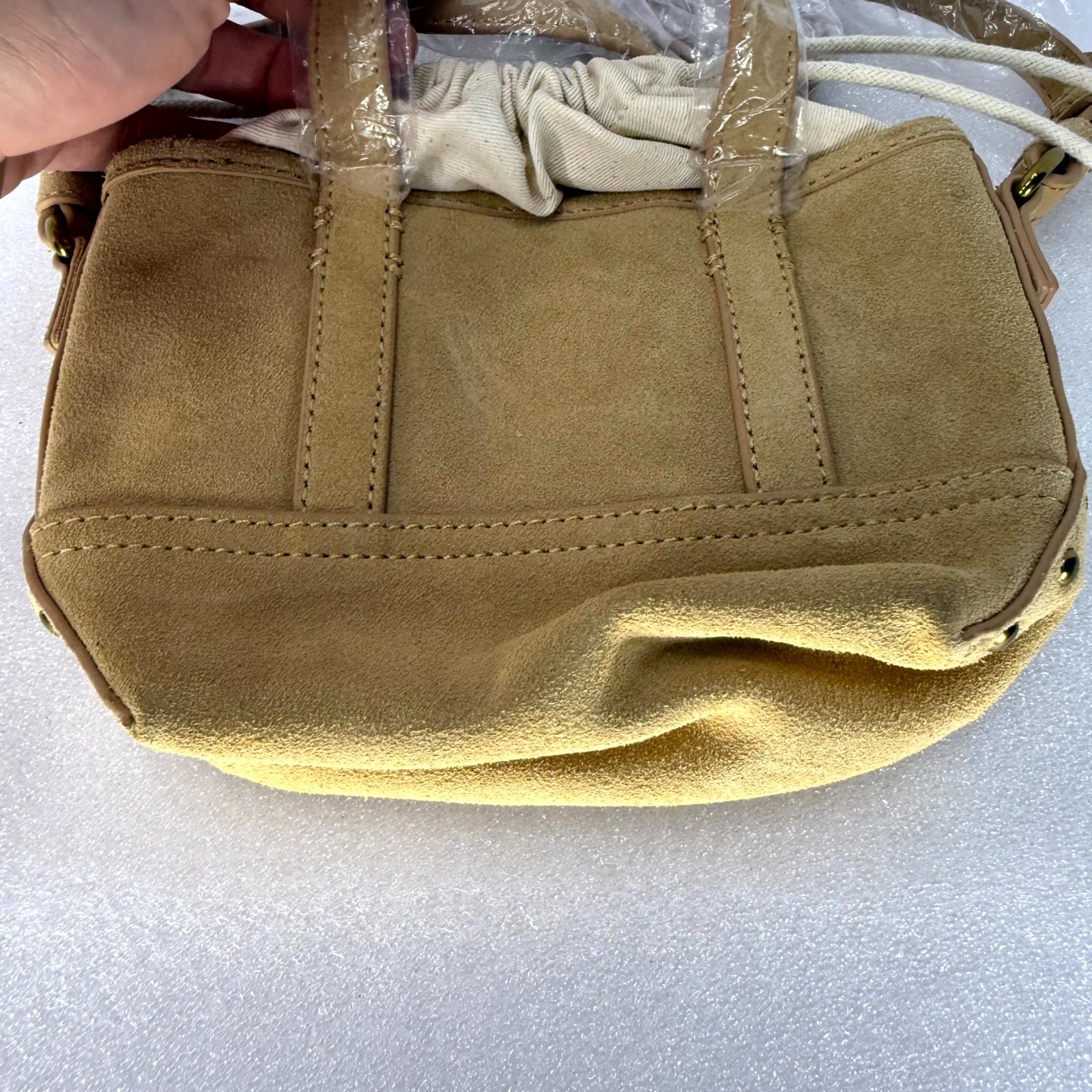 J Crew Montauk Mini Tote Crossbody Bag Camel Gold Studs Adjustable Strap Tan