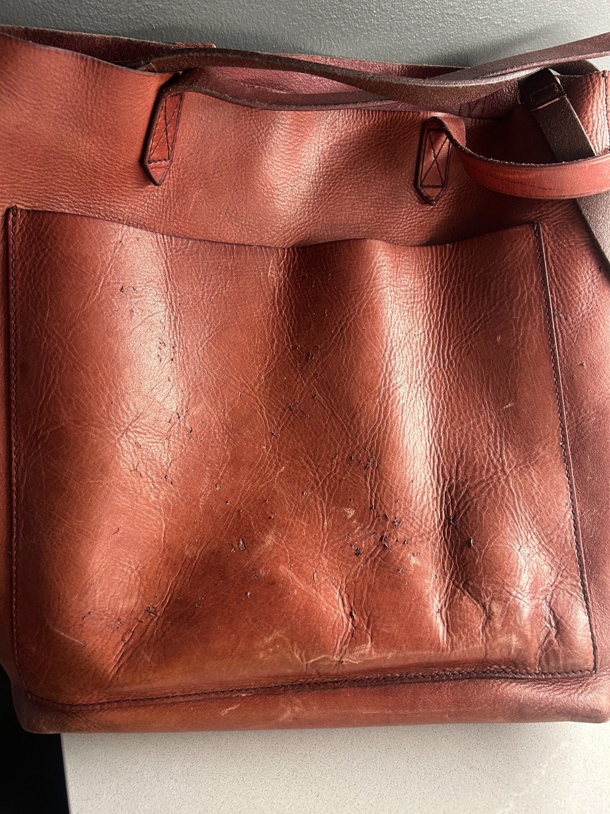 Madewell Leather Tote Burgundy Handles Shoulder Strap Unlined 11″X 12″ GUC