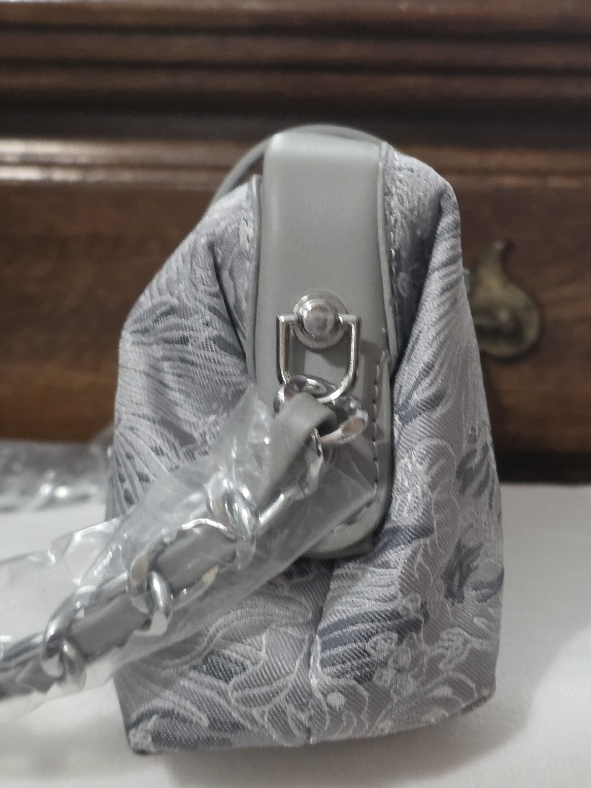 Blue-Gray Jacquard Small Clutch W Chain/Shoulder Purse Grand Metal Accent NWT