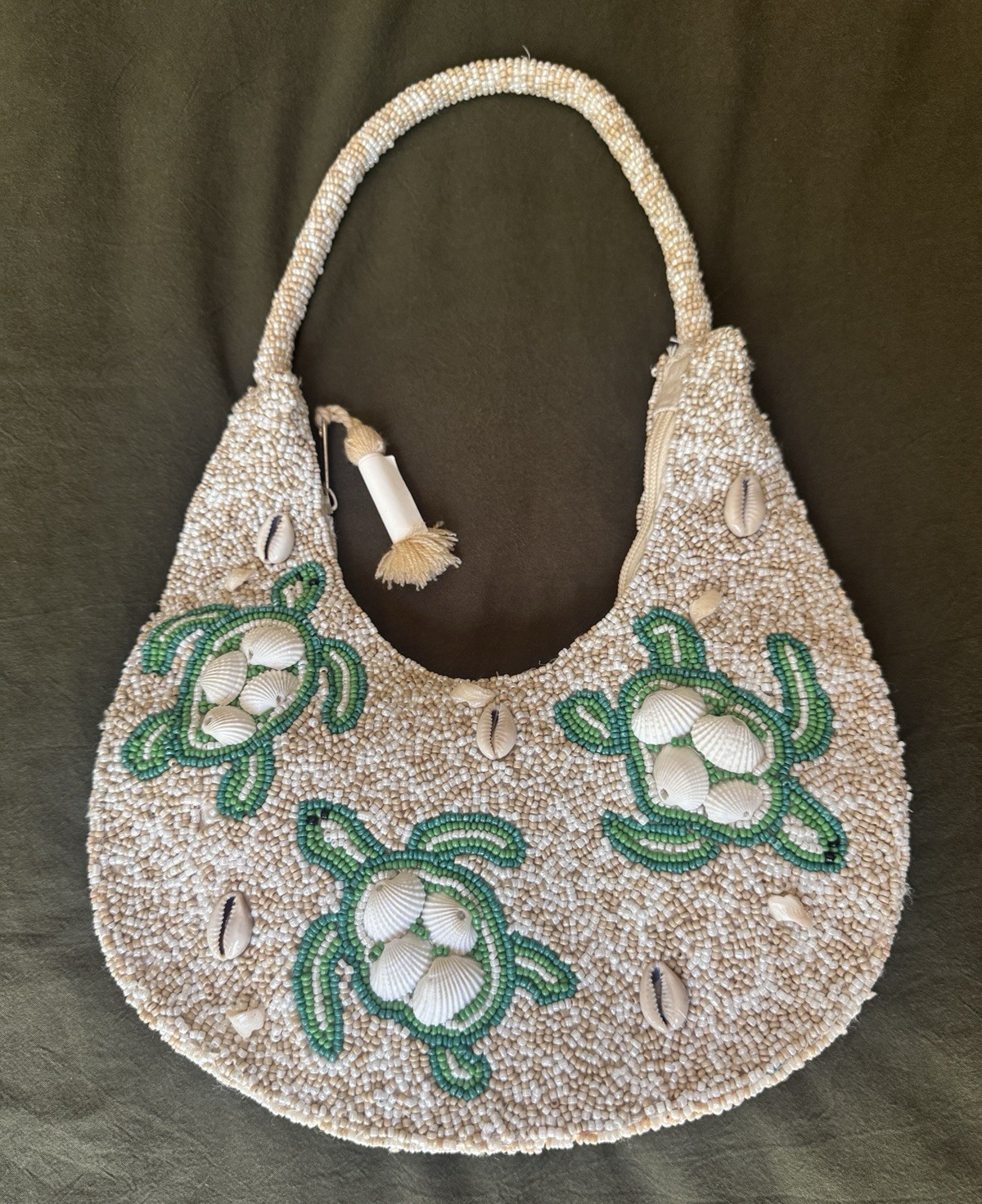 Beige Beaded Turtle Shoulder Bag Top Handle Zip Closure Tassel Lined Small