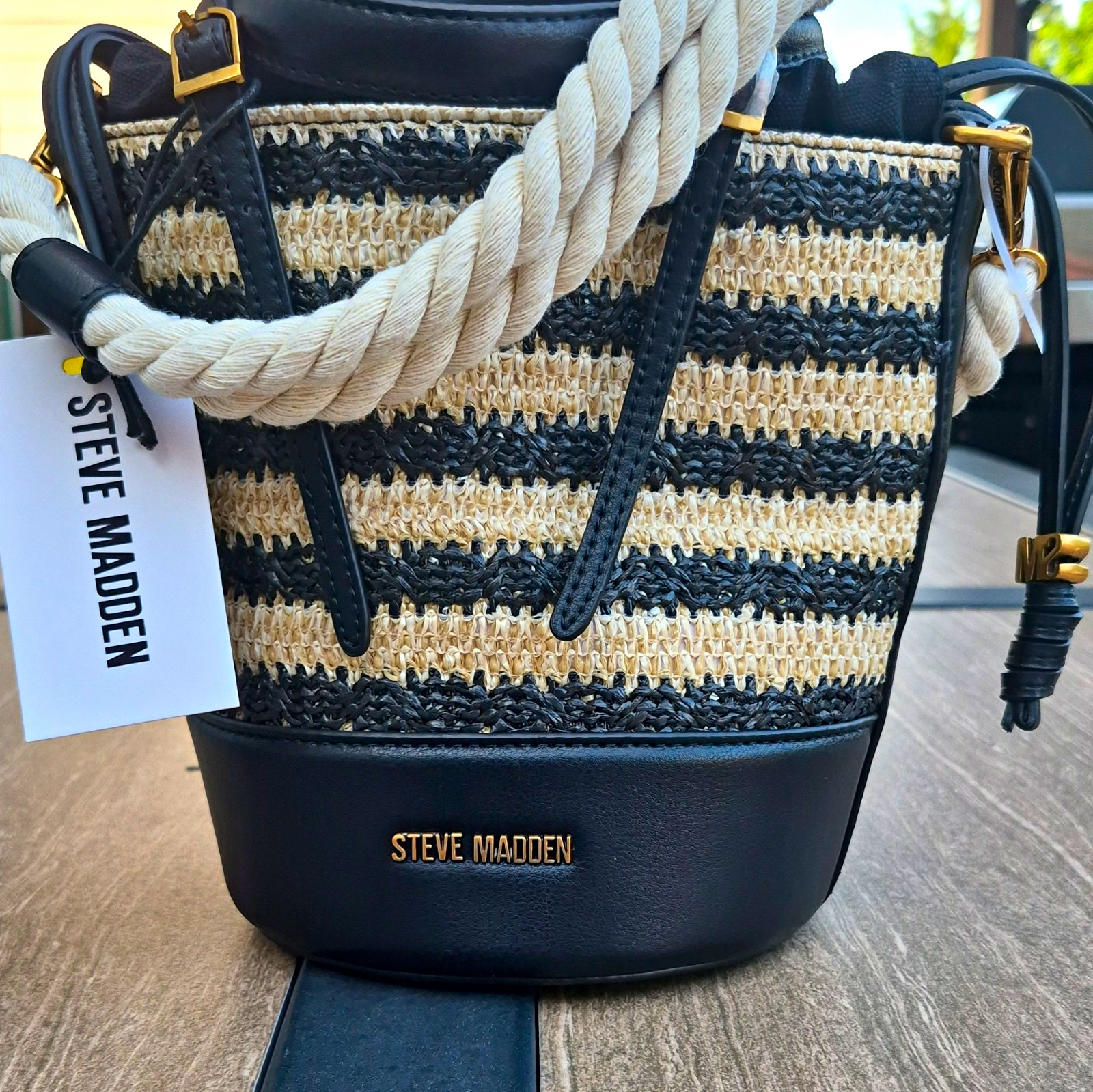 Steve Madden Striped Bucket Bag Black Beige Drawstring Top Handle Crossbody