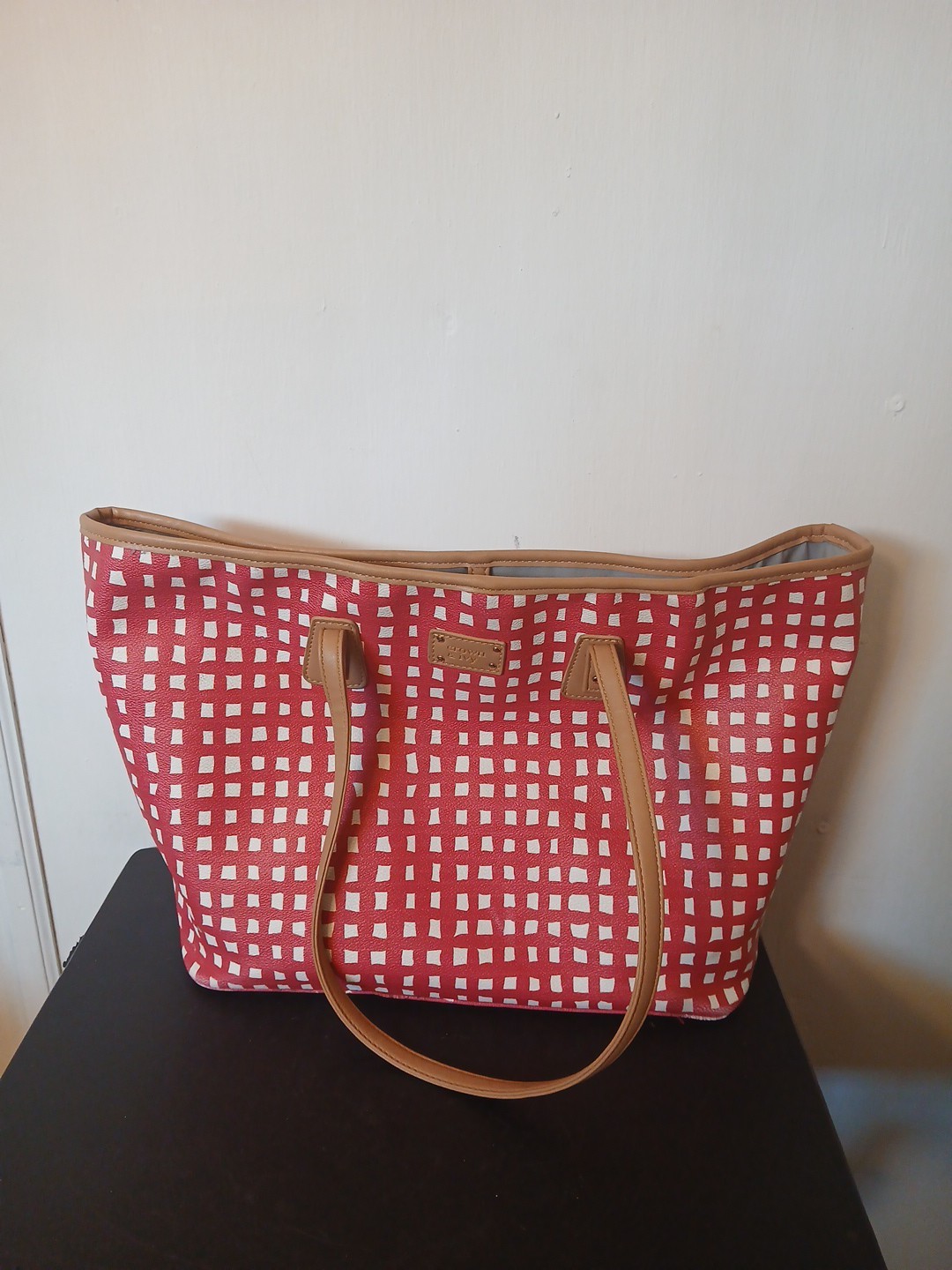 Crown & Ivy Large Tote Shoulder Bag Purse Pink With White Squares Shopper