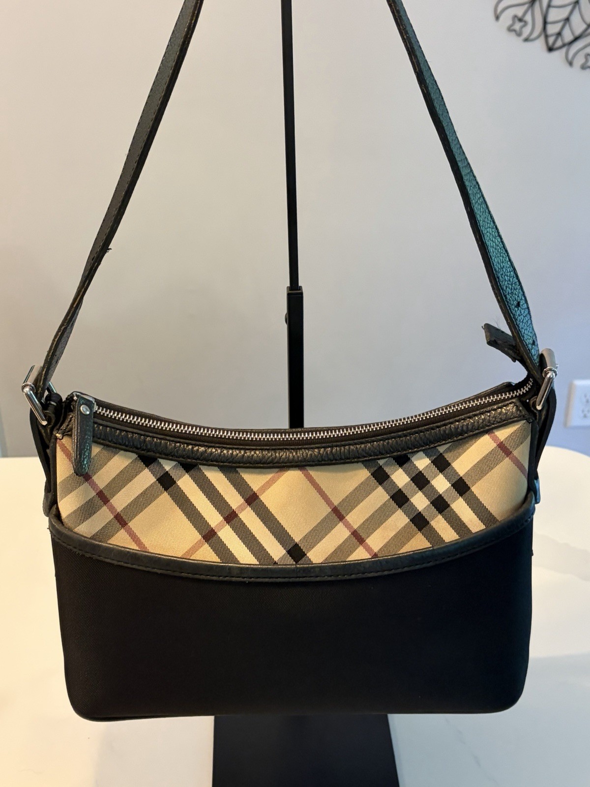 Burberry Nova Check Shoulder Bag – Canvas with Black Leather Trim – Pre-Owned