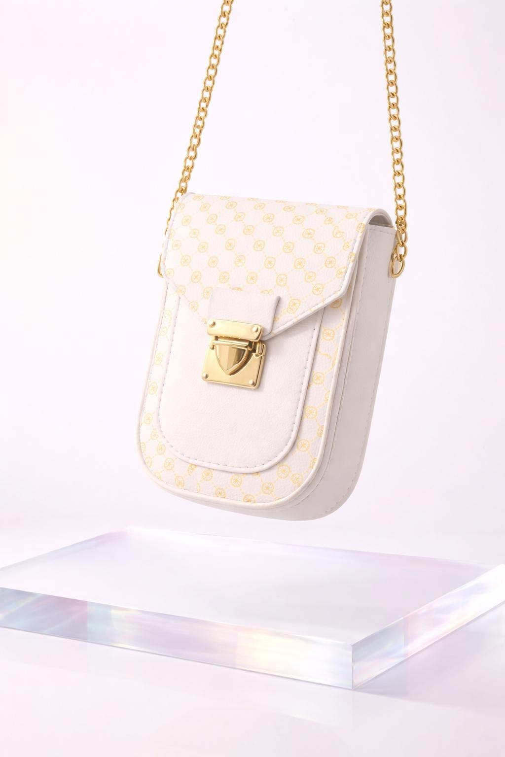 Women’s White Mini Phone Crossbody Bag Gold Chain Lock PU Leather Purse