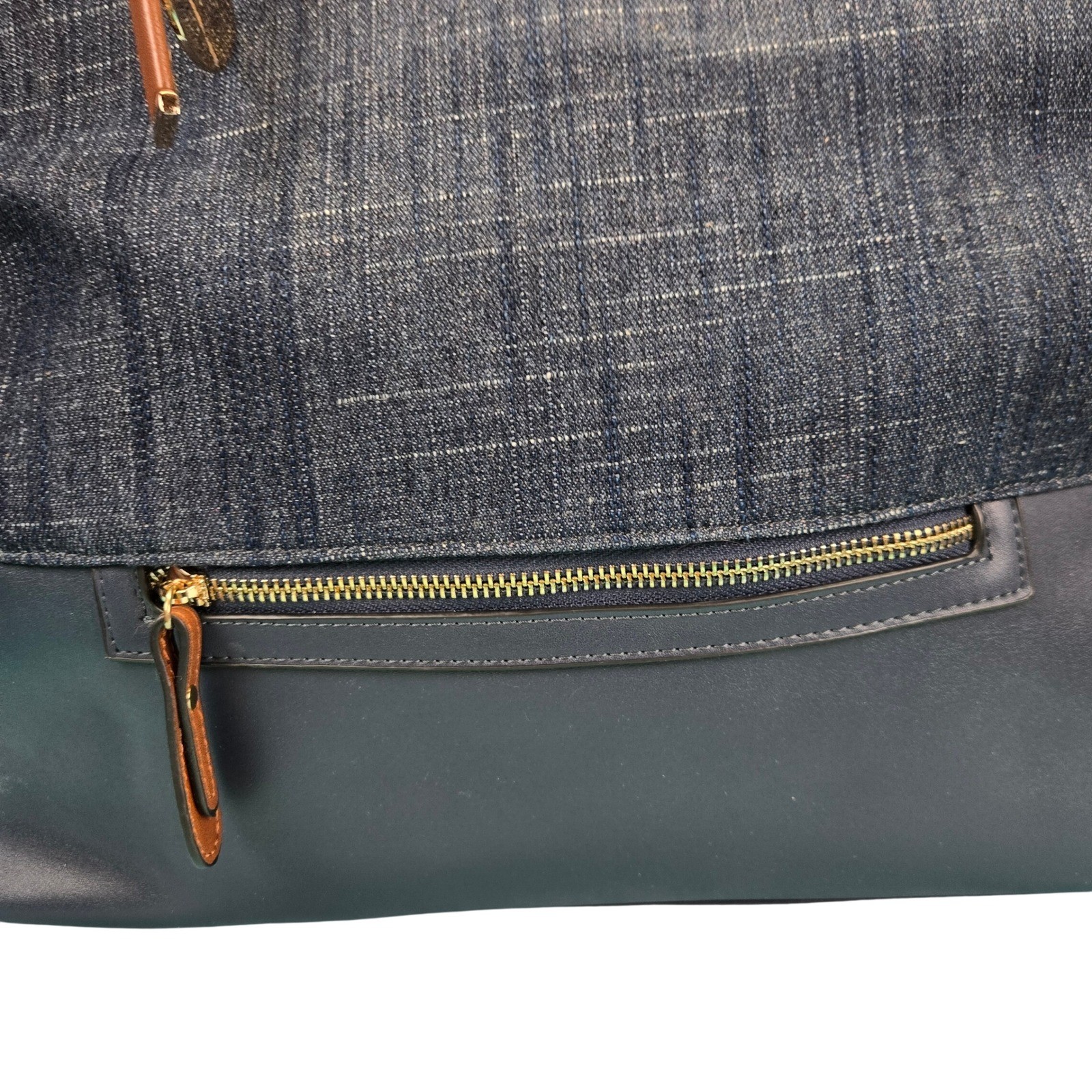 M London Denim Faux Leather Tote Shoulder Bag Navy Blue Brown Gold Accent Office