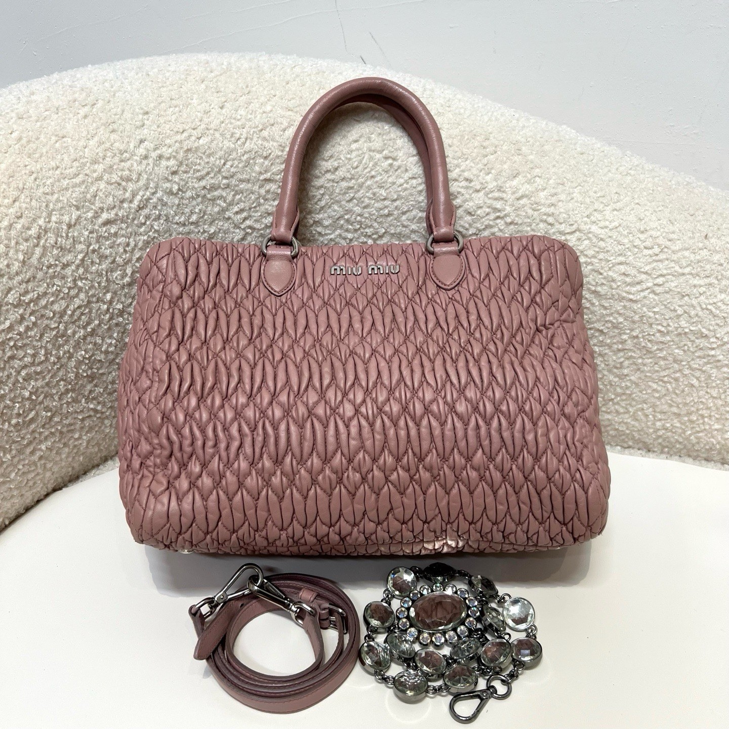 Miu Miu Nude Pink Gem-Embellished Chain Tote Bag (Handheld/Crossbody)
