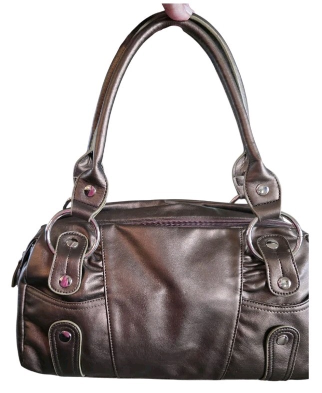 Womens Shoulder Bag Gold Bronze Purse Silver Accents Rectangle Tote Going Out