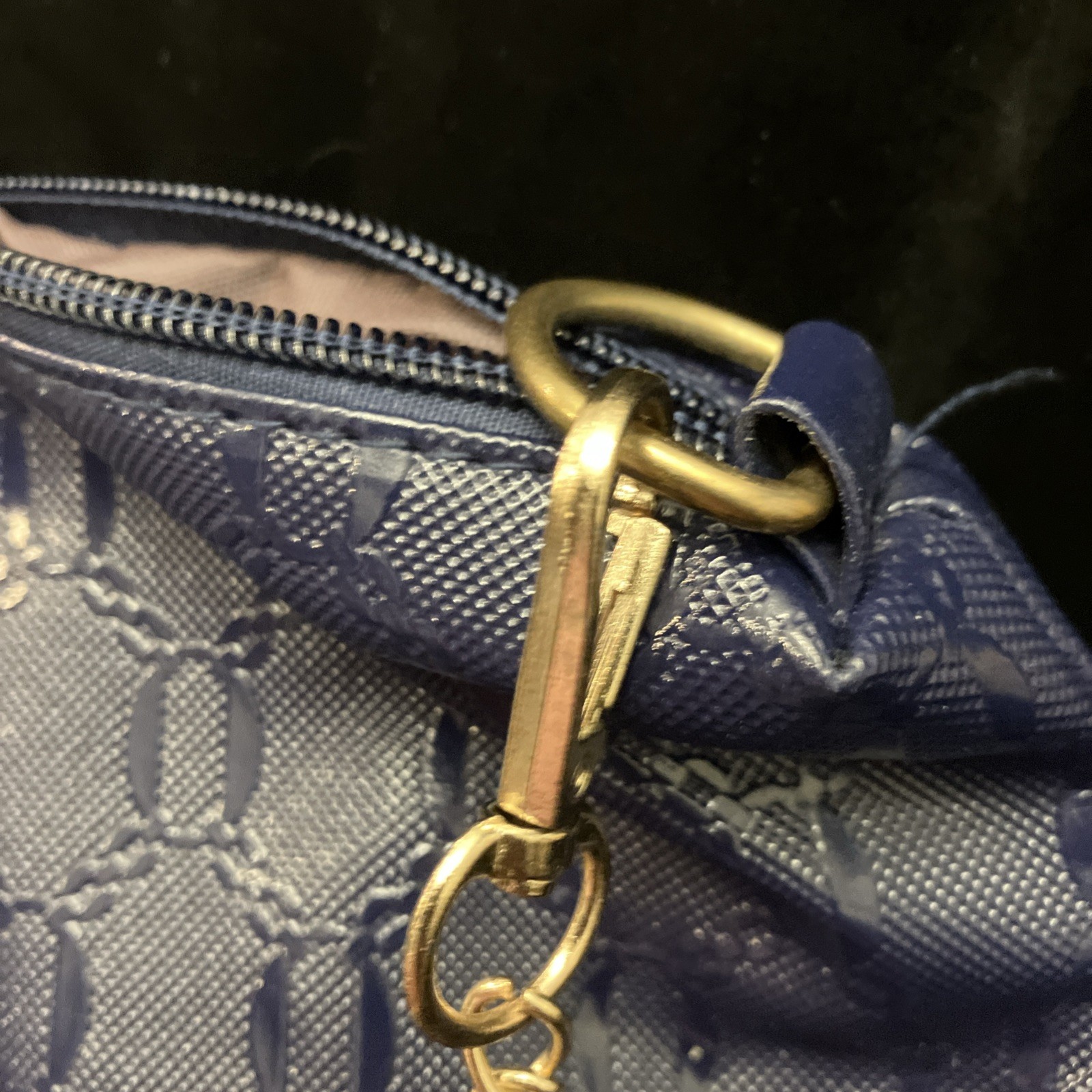 Royal Blue Embossed Unbranded Purse w/ Gold Tone Chain Strap & Accent Zip Close
