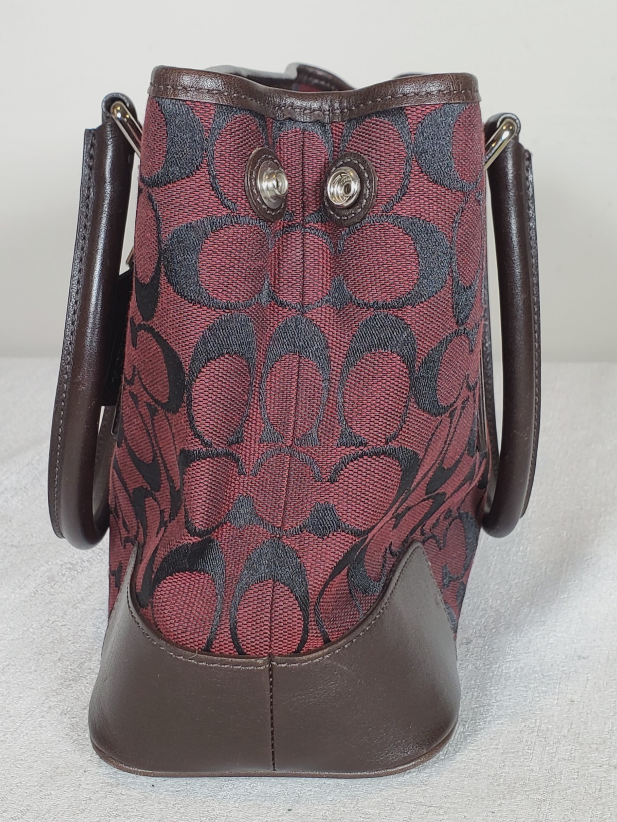 COACH 6089 Signature C Monogram Handbag Tote Red Jacquard Canvas Brown Leather