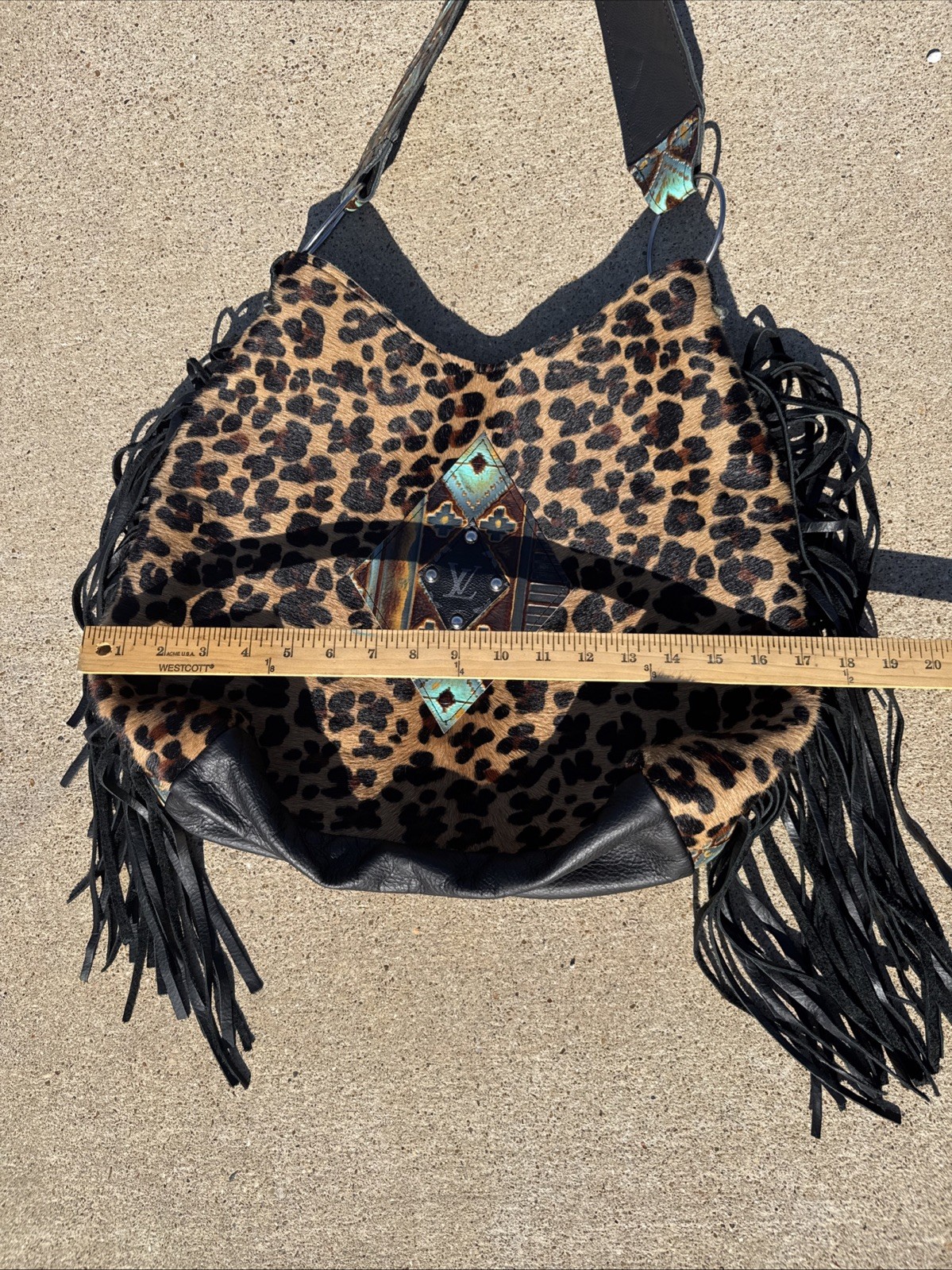 Rhinestone Cowgirl Hand Crafted Large Shoulder Bag Cow Hair Vegan Leather Fringe