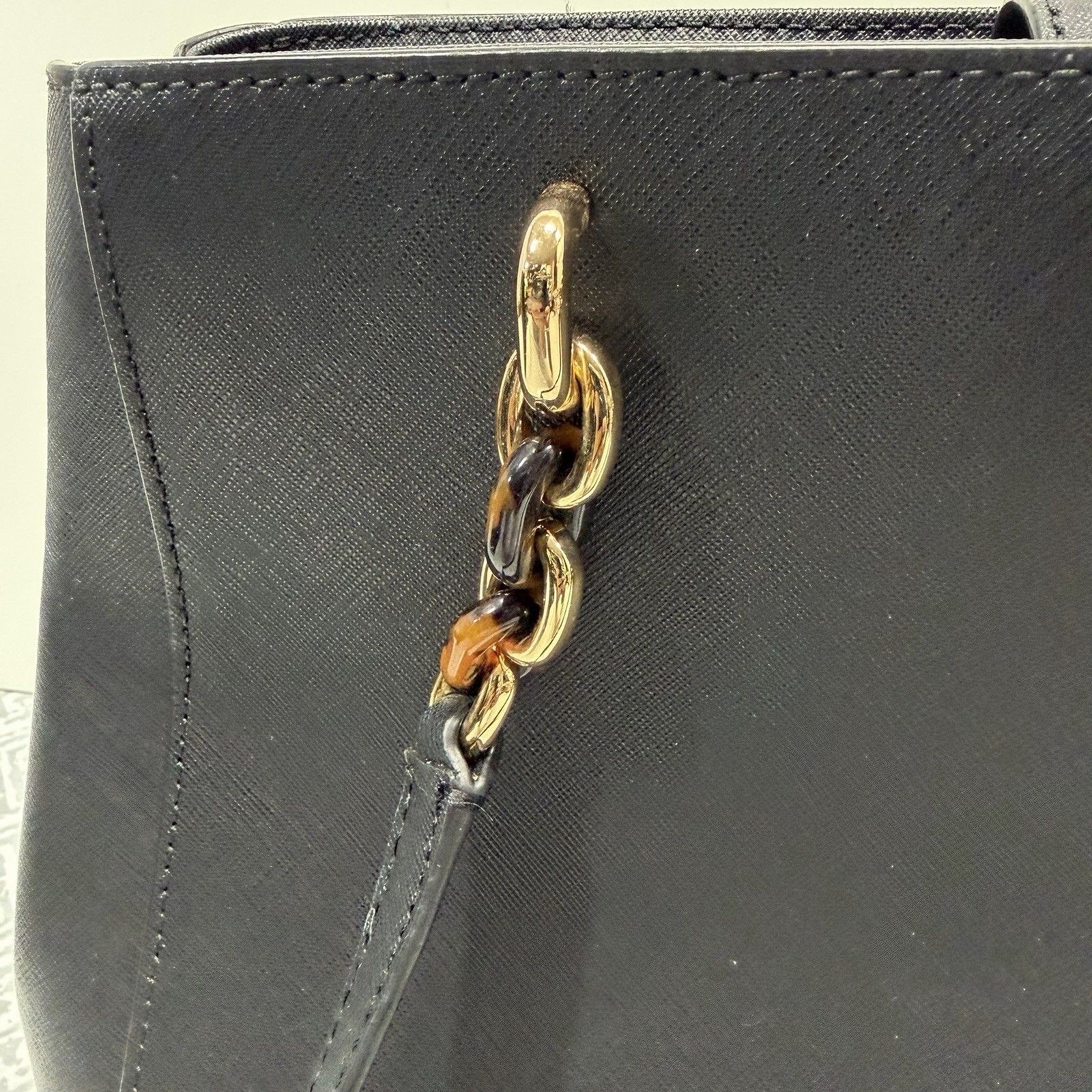 Michael Kors Sofia Large Tote Black Saffiano Leather Gold Chain MK Logo Charm
