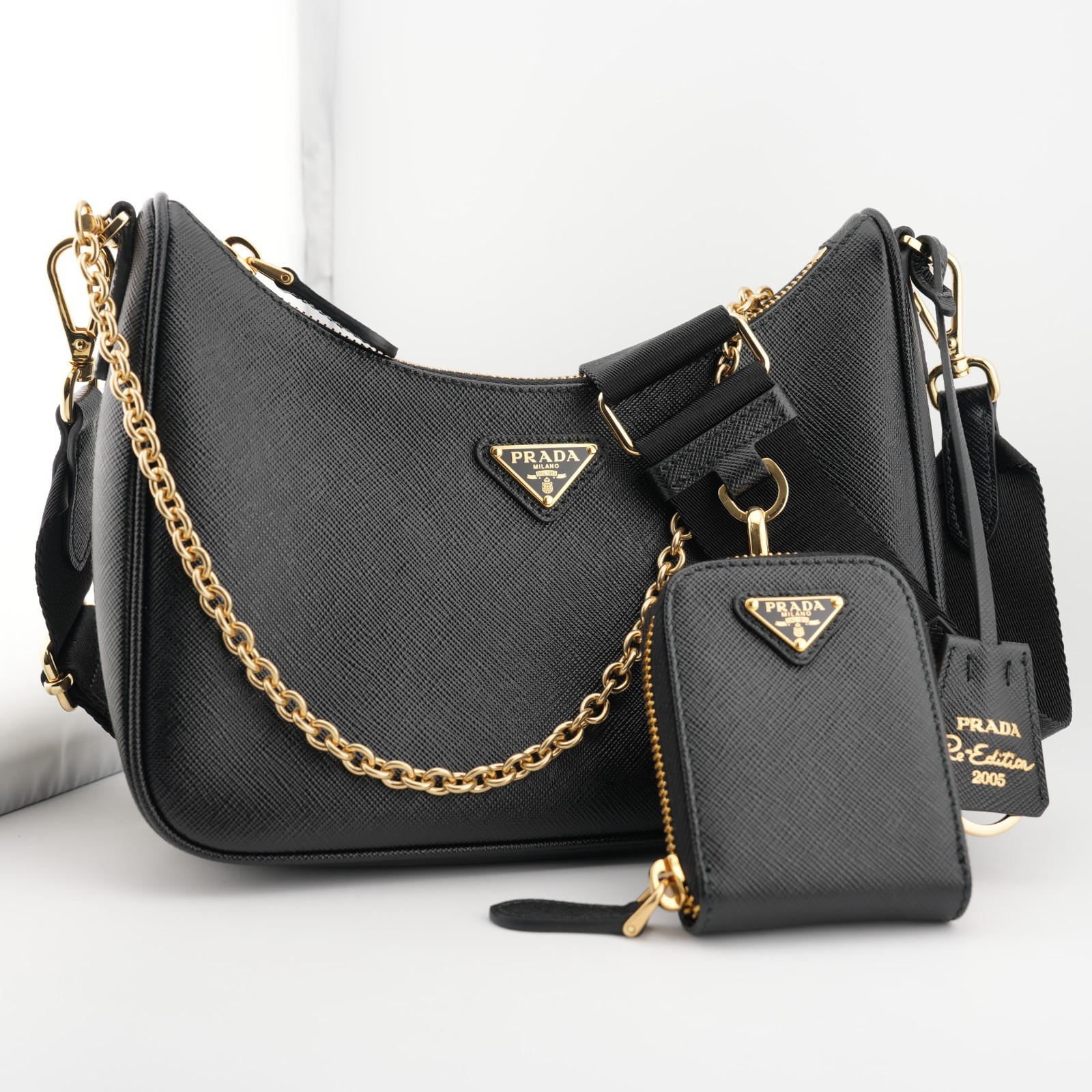 PRADA Re-Edition 2005 Black Gold Saffiano Leather Shoulder Bag with Pouch