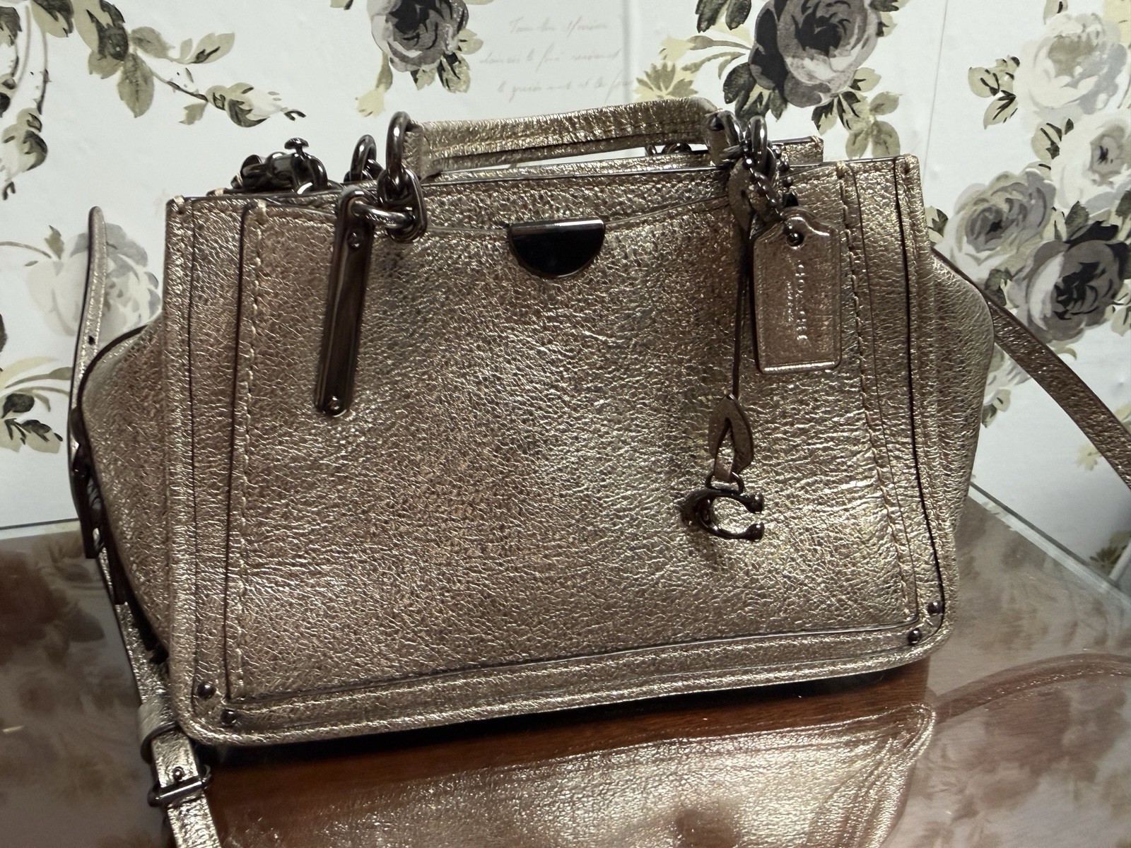 New Coach Dreamer 21 Metallic Platinum Leather Satchel Crossbody Handbag 38543
