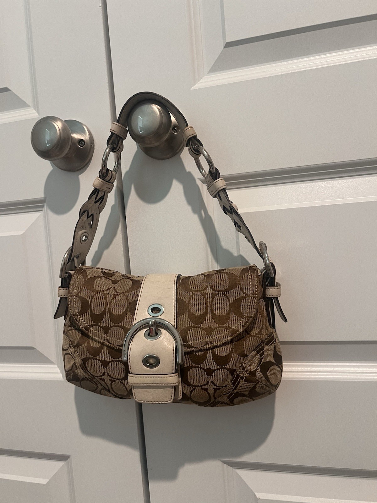 Coach Signature Logo Small SoHo Shoulder Bag Brown Beige Buckle