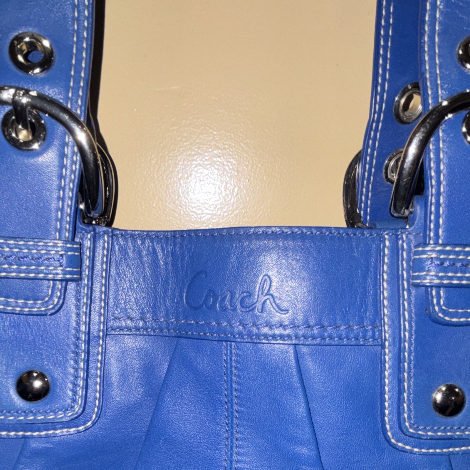 Coach Blue Satchel Top Handle Bag Zip Closure Silver Hardware Buckle Studs