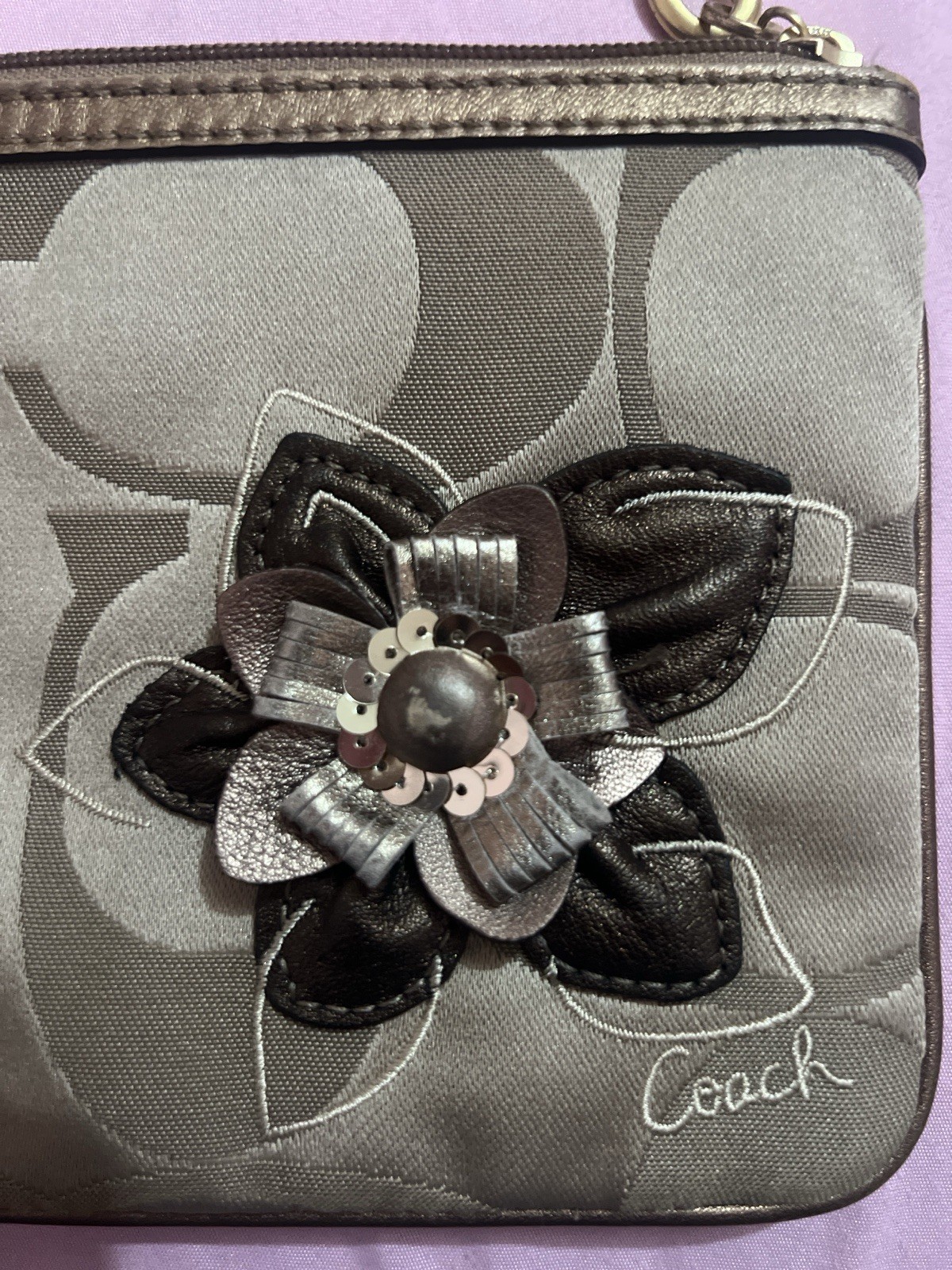 Coach Signature Logo Zip Wristlet Gray Brown Strap Flower Charm Lined