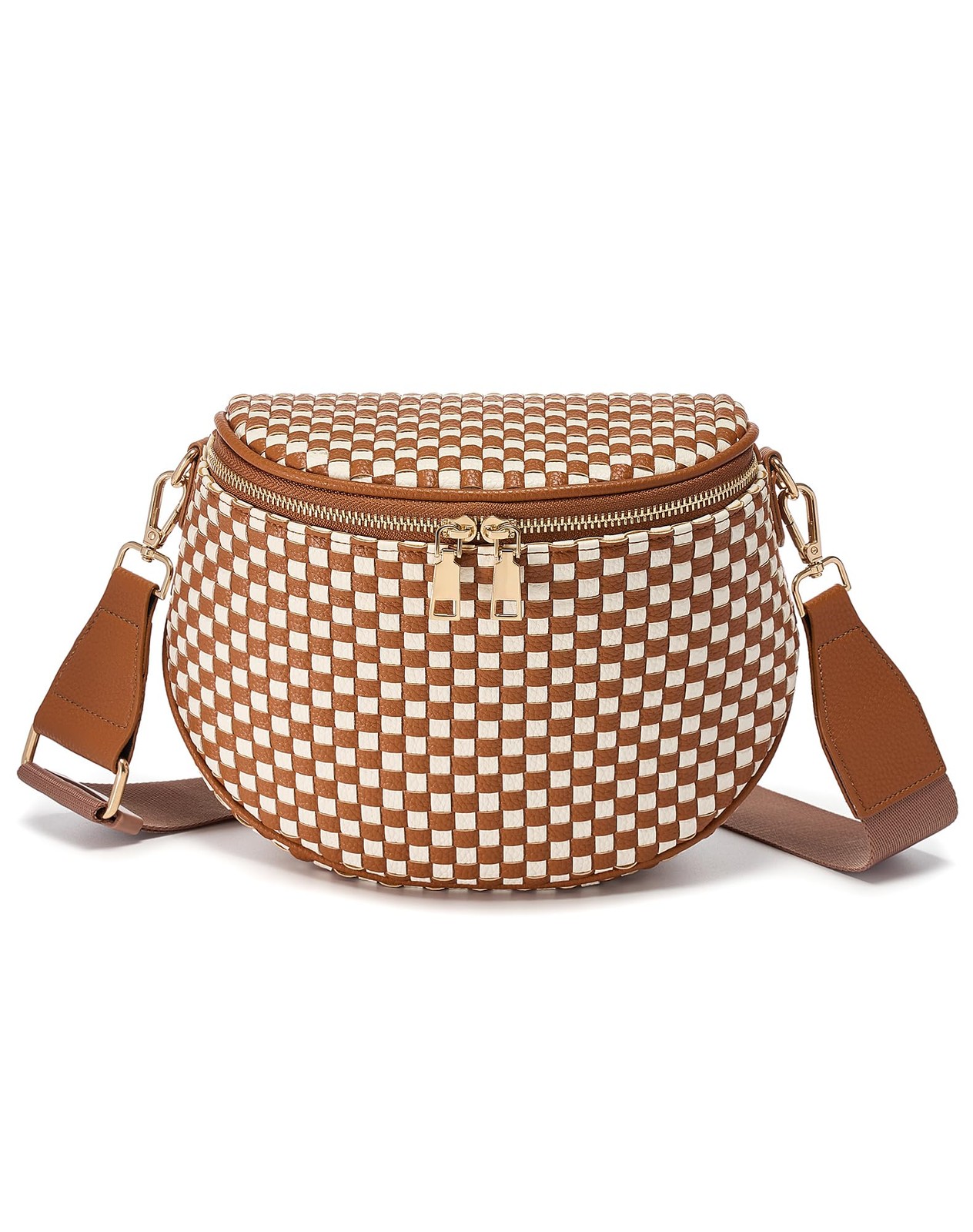 Brown White Woven Checkered Crossbody Bum Bag PU Leather Purse Fanny Pack