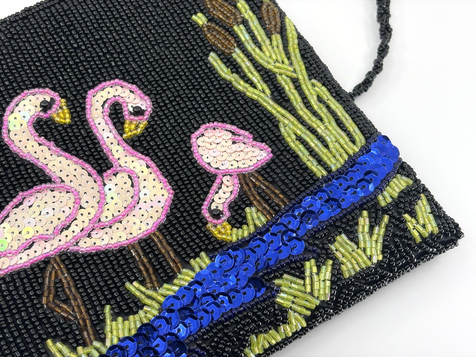 Tropical Black Beaded & Pink Sequin Flamingo Beachy Glam Crossbody Evening Bag