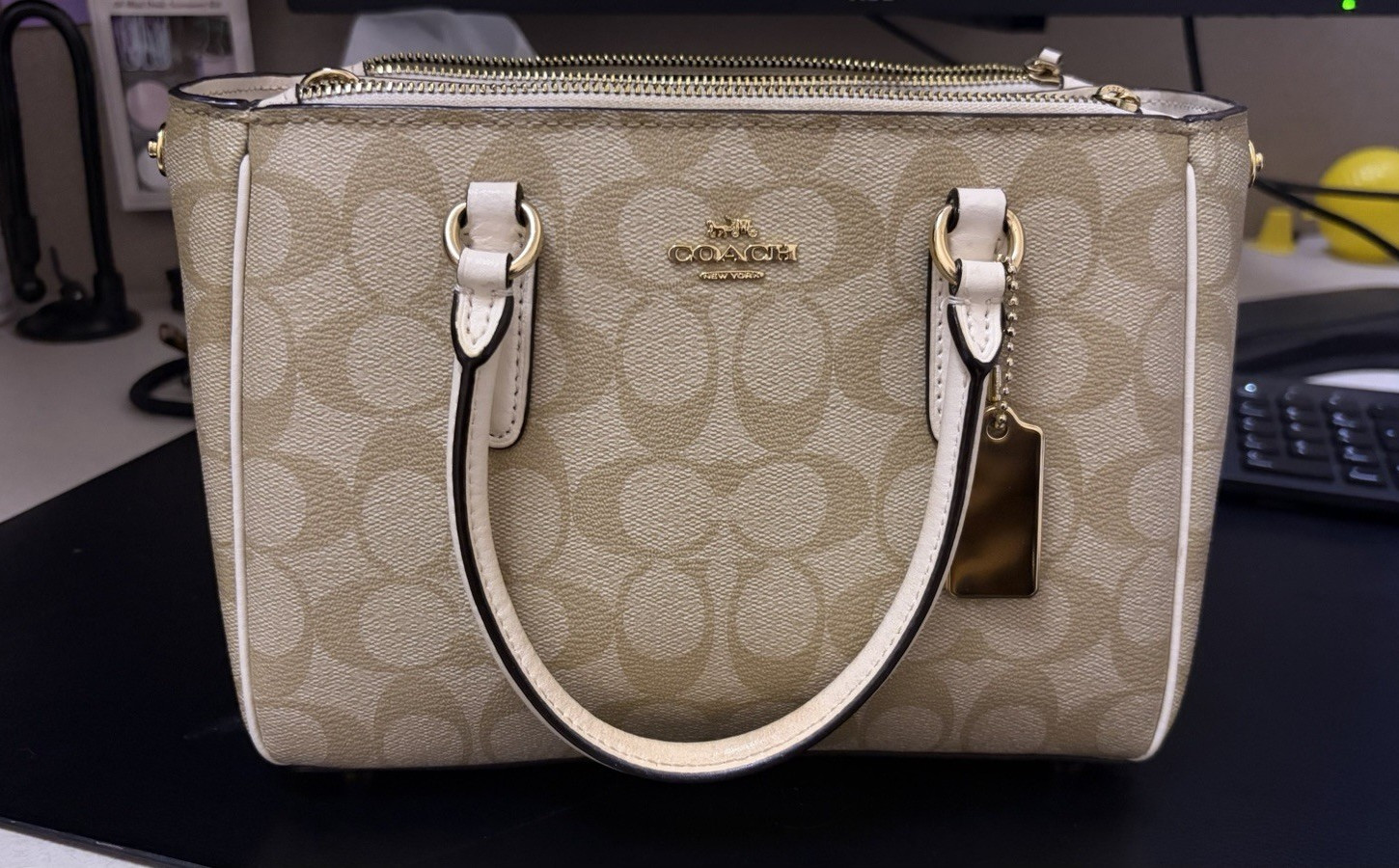 Coach Signature Logo Satchel Top Handle Zip Bag Beige/Ivory Gold Hardware