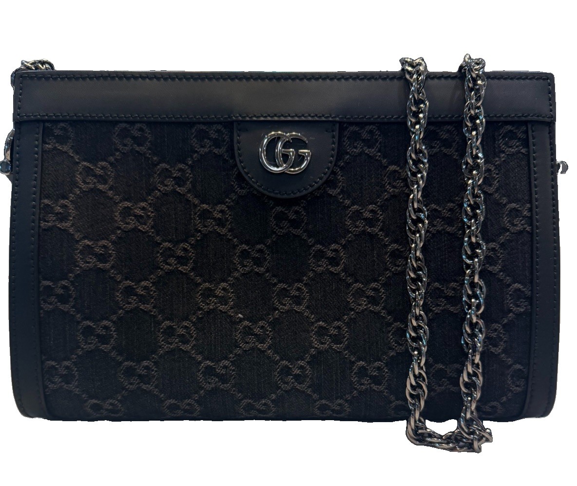 Gucci Black GG Small Shoulder Bag Silver Chain Strap Magnetic Closure