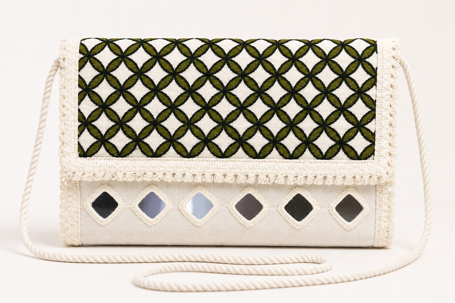 Handmade Embroidered White Clutch Purse with Mirror Work & Rope Strap | Women’s