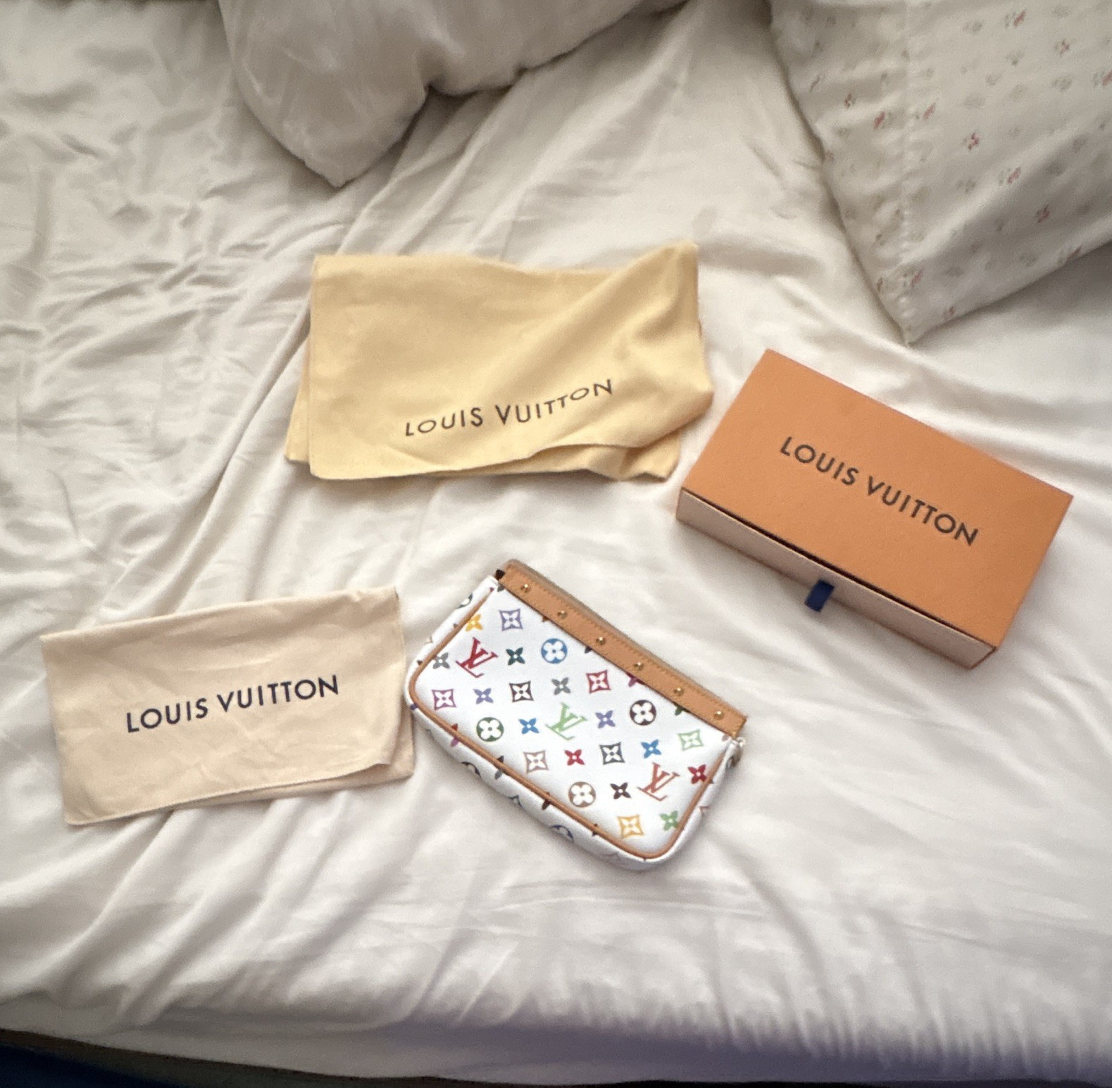 Louis Vuitton White Multicolor Monogram Zip Wrist Strap Clutch, Box & Dust Bag
